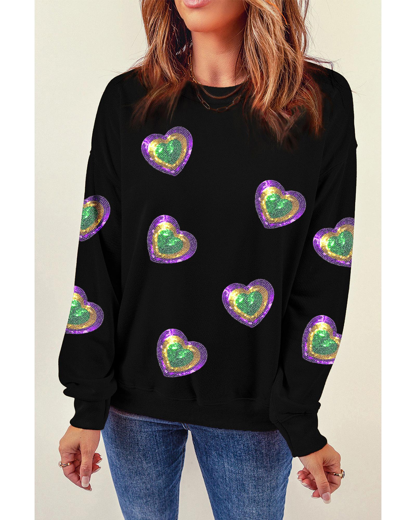 Black Mardi Gras Heart Print Crew Neck Sweatshirt - S 4