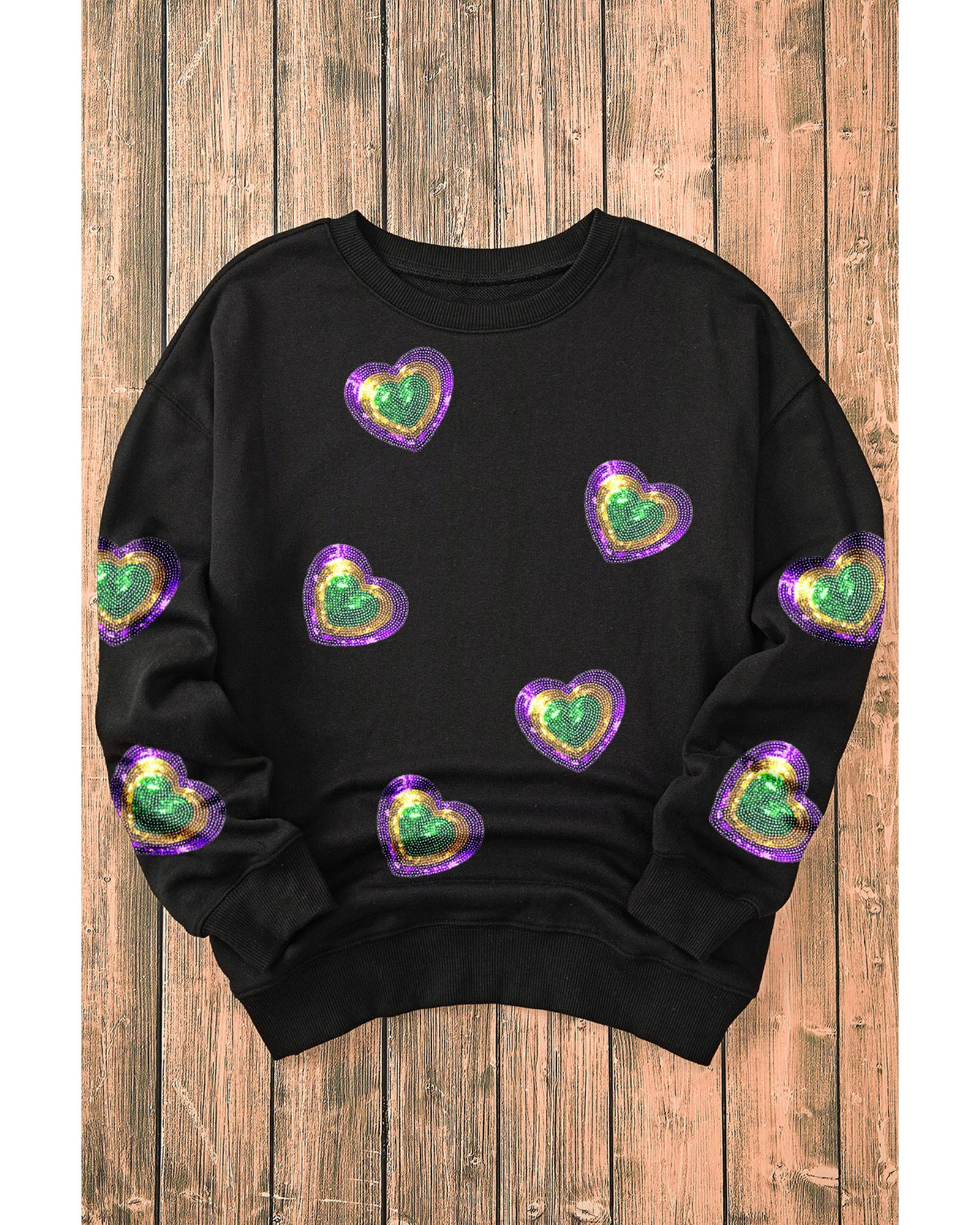 Black Mardi Gras Heart Print Crew Neck Sweatshirt - XL 3
