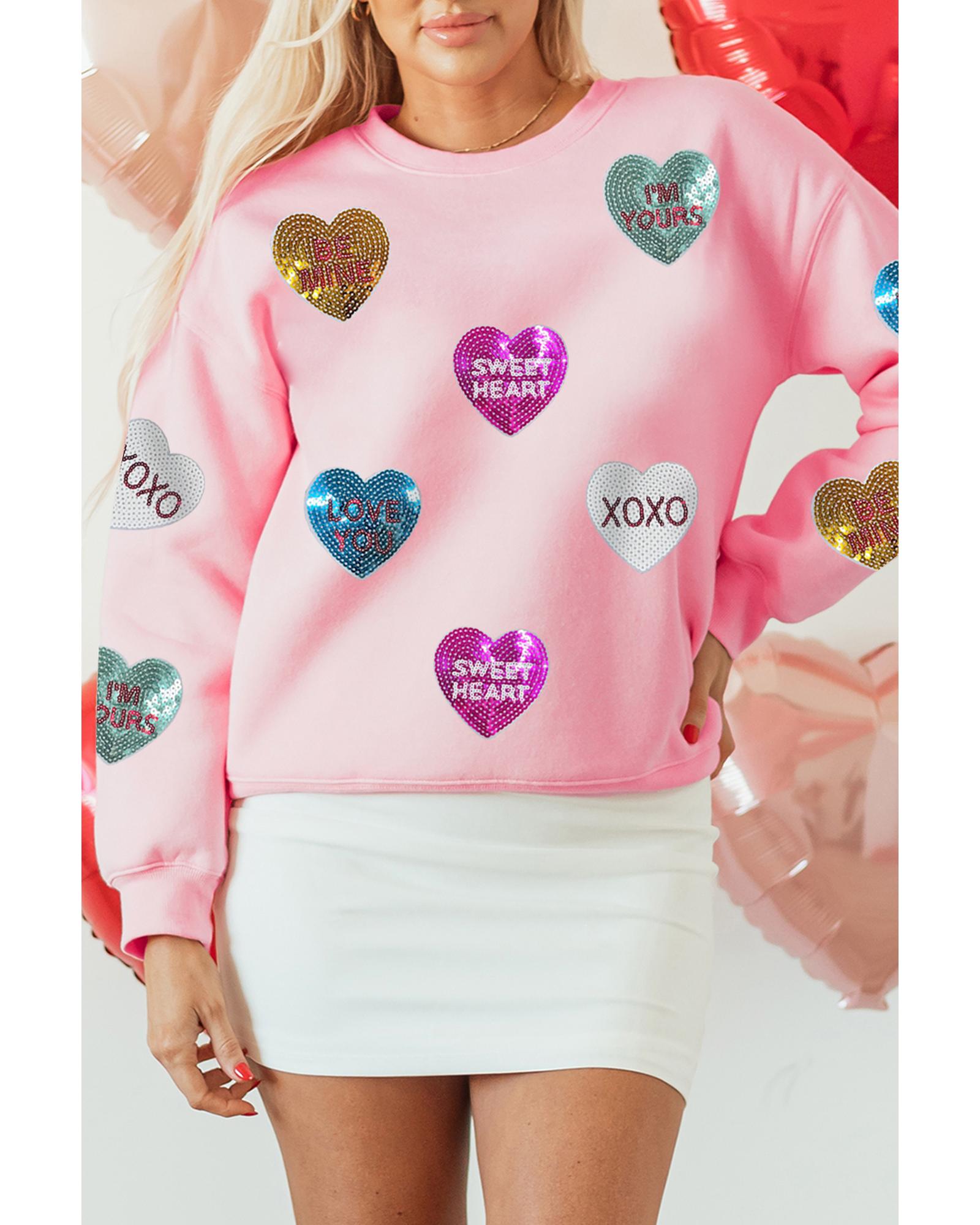 Pink Sequin Romantic Letters Heart Graphic Valentines Sweatshirt - 2XL