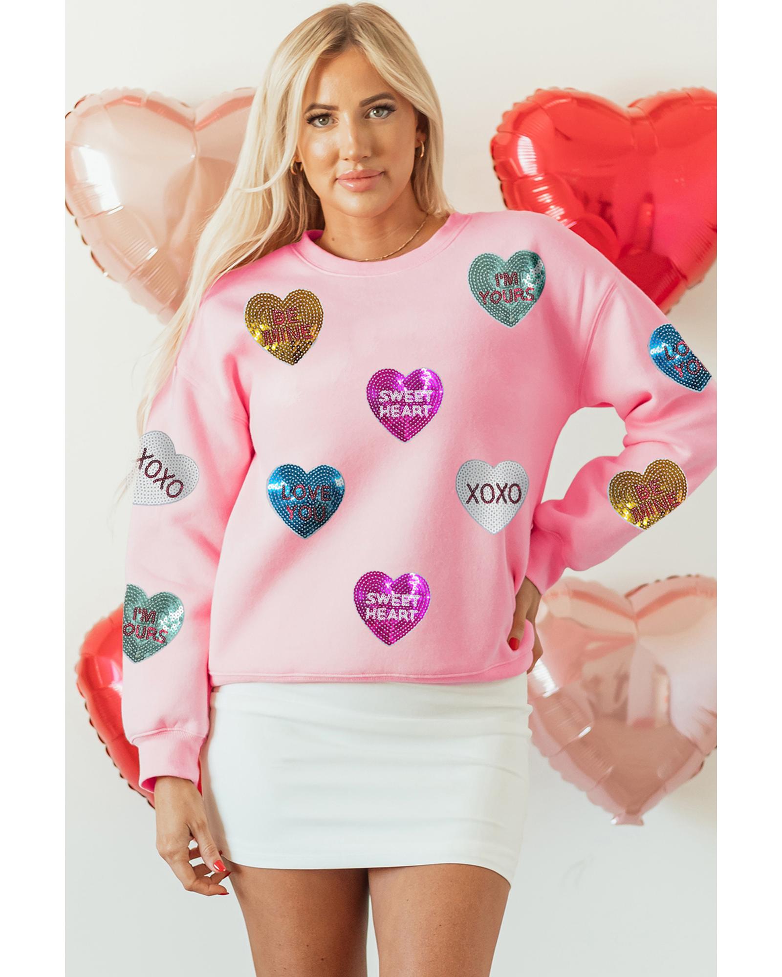 Pink Sequin Romantic Letters Heart Graphic Valentines Sweatshirt - 2XL 3