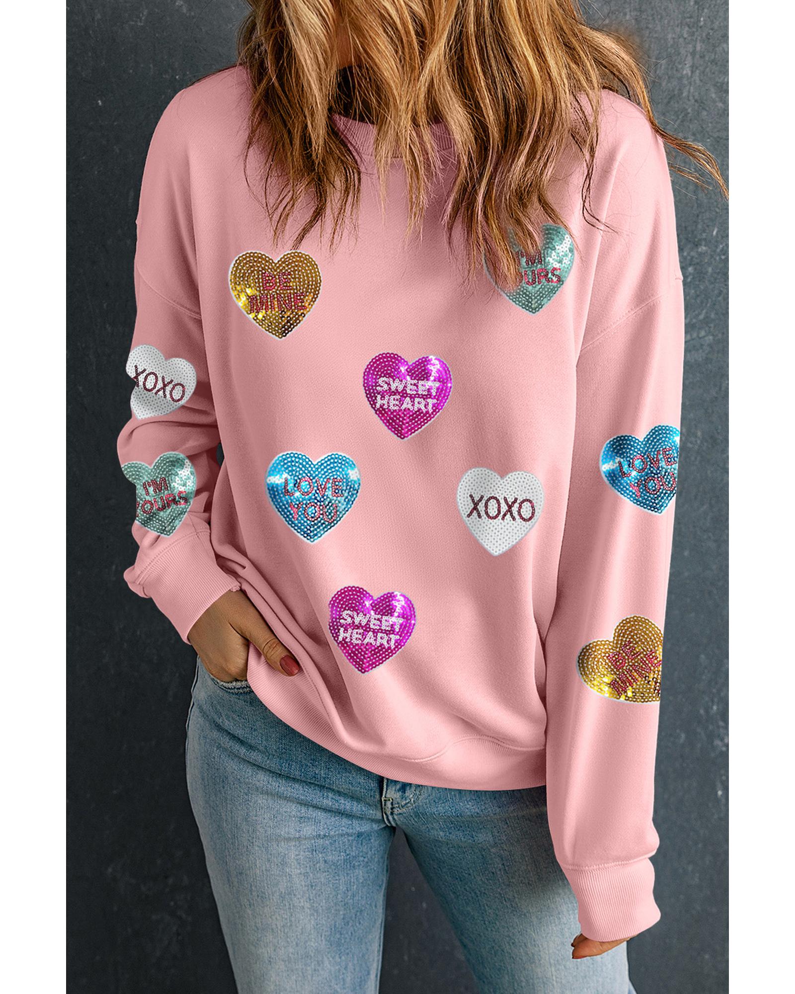 Pink Sequin Romantic Letters Heart Graphic Valentines Sweatshirt - XL 5