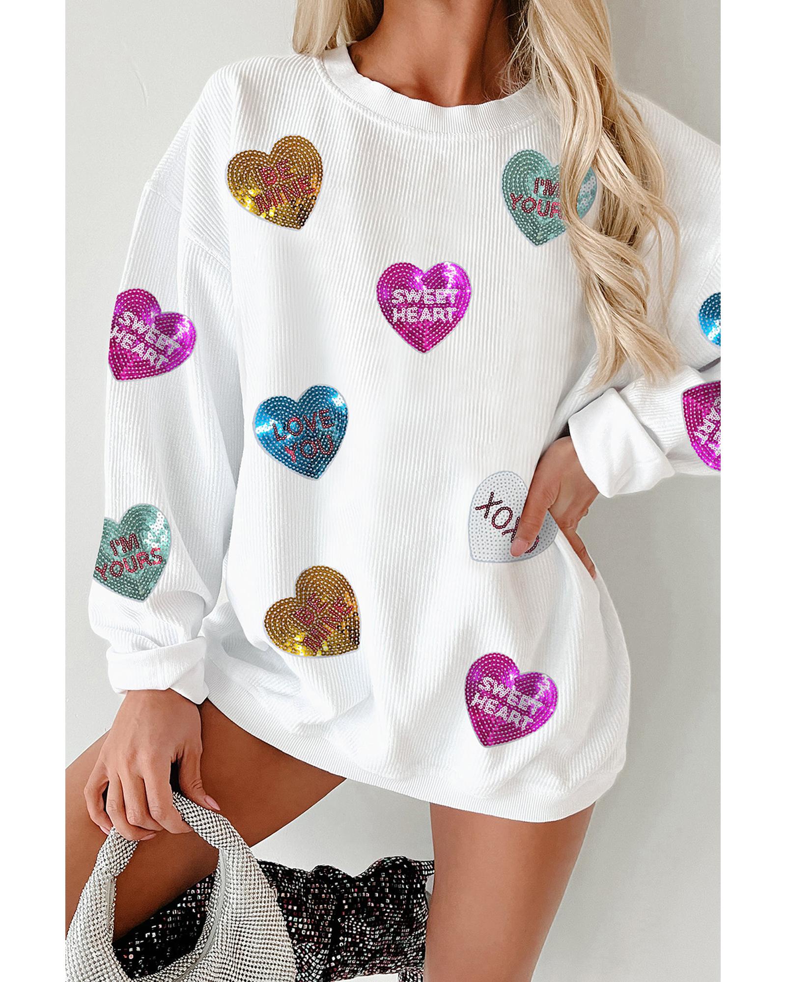 White Valentines Slogan Heart Sequin Corded Baggy Sweatshirt - L