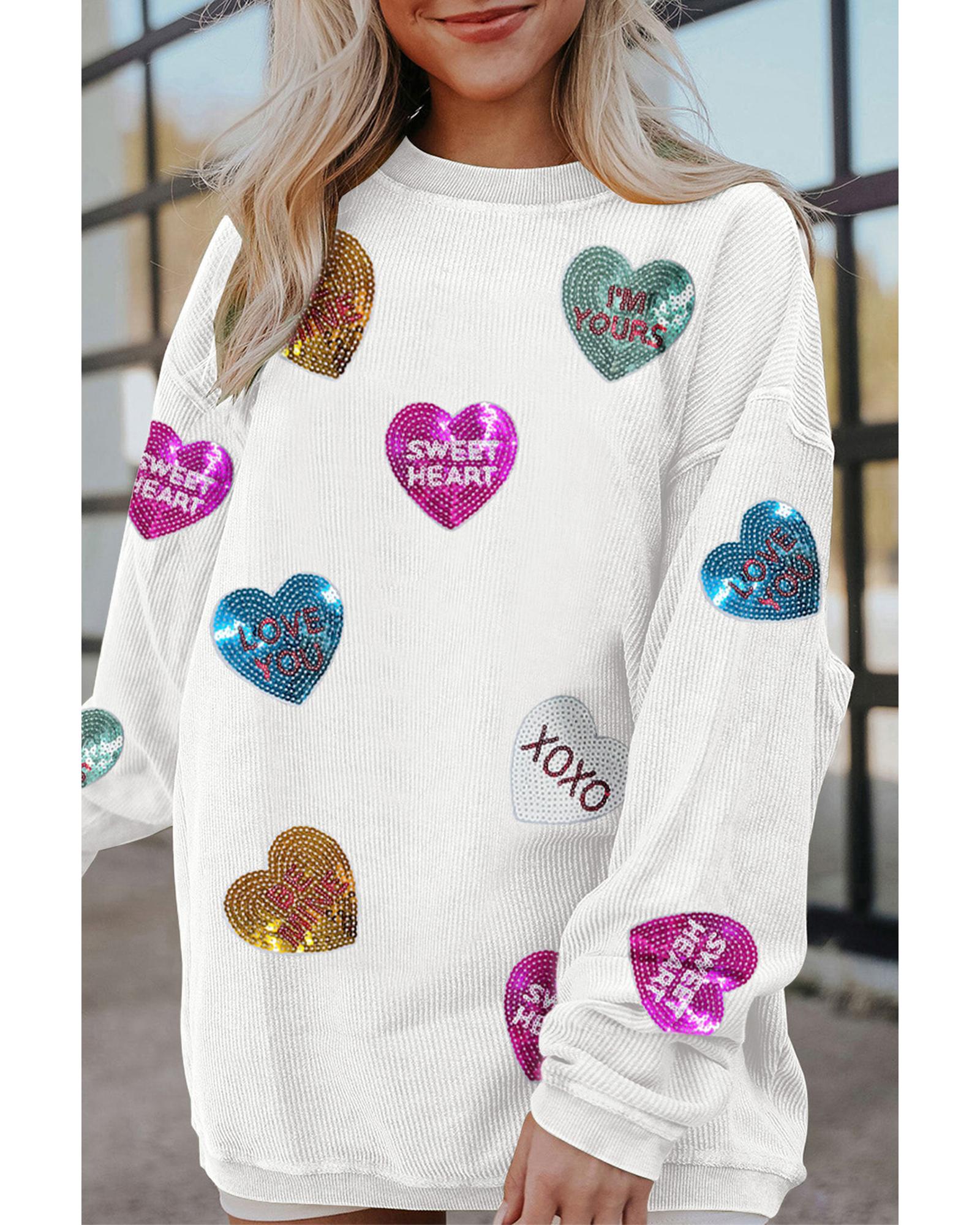 White Valentines Slogan Heart Sequin Corded Baggy Sweatshirt - L 5