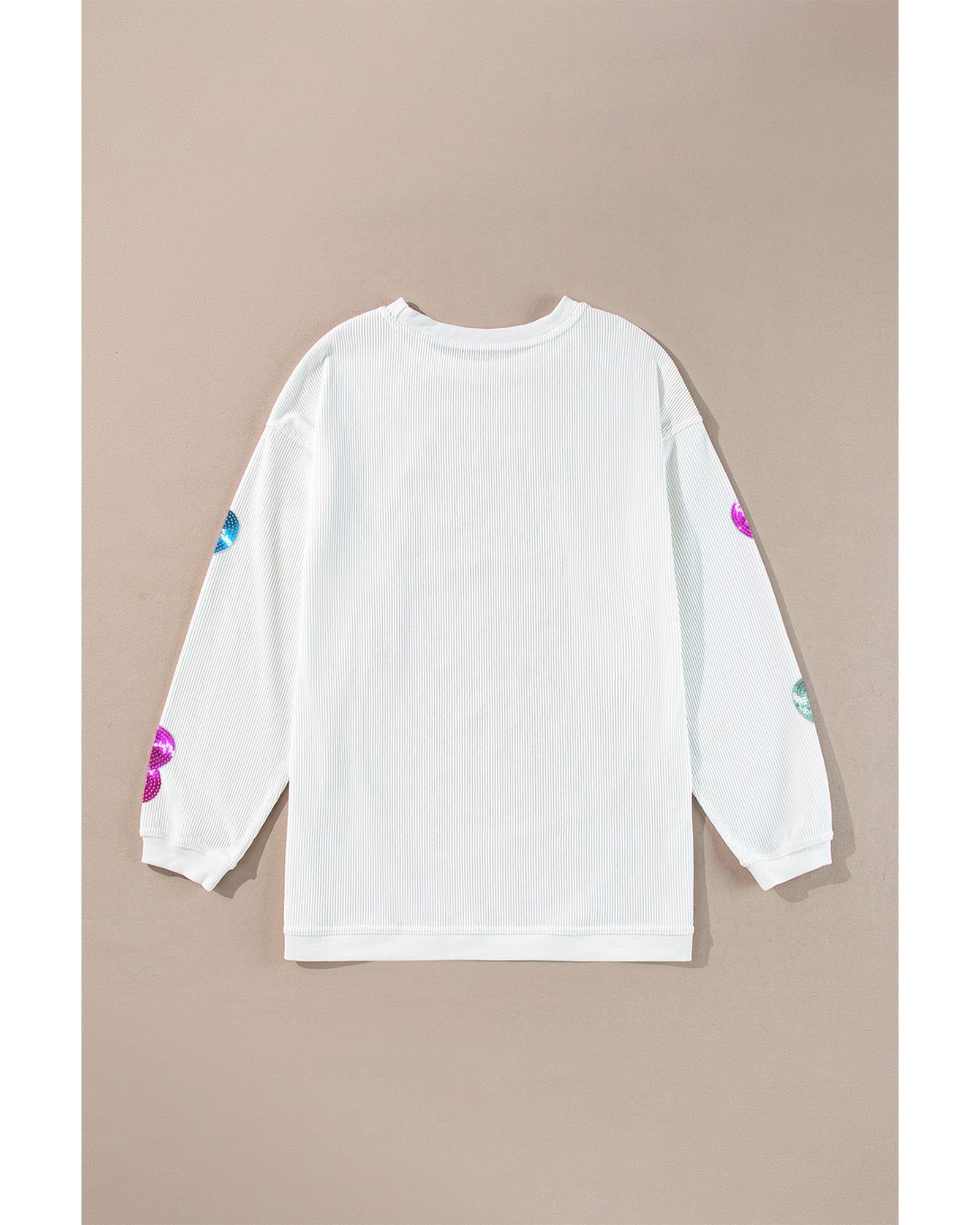White Valentines Slogan Heart Sequin Corded Baggy Sweatshirt - M