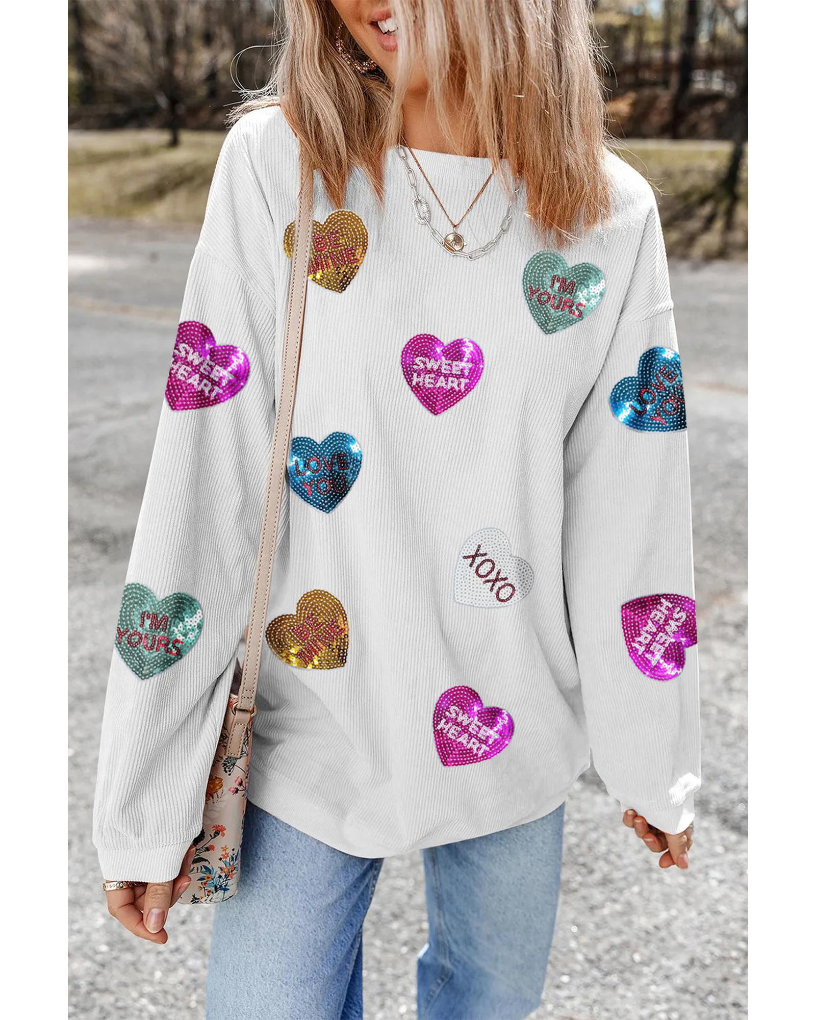 White Valentines Slogan Heart Sequin Corded Baggy Sweatshirt - S
