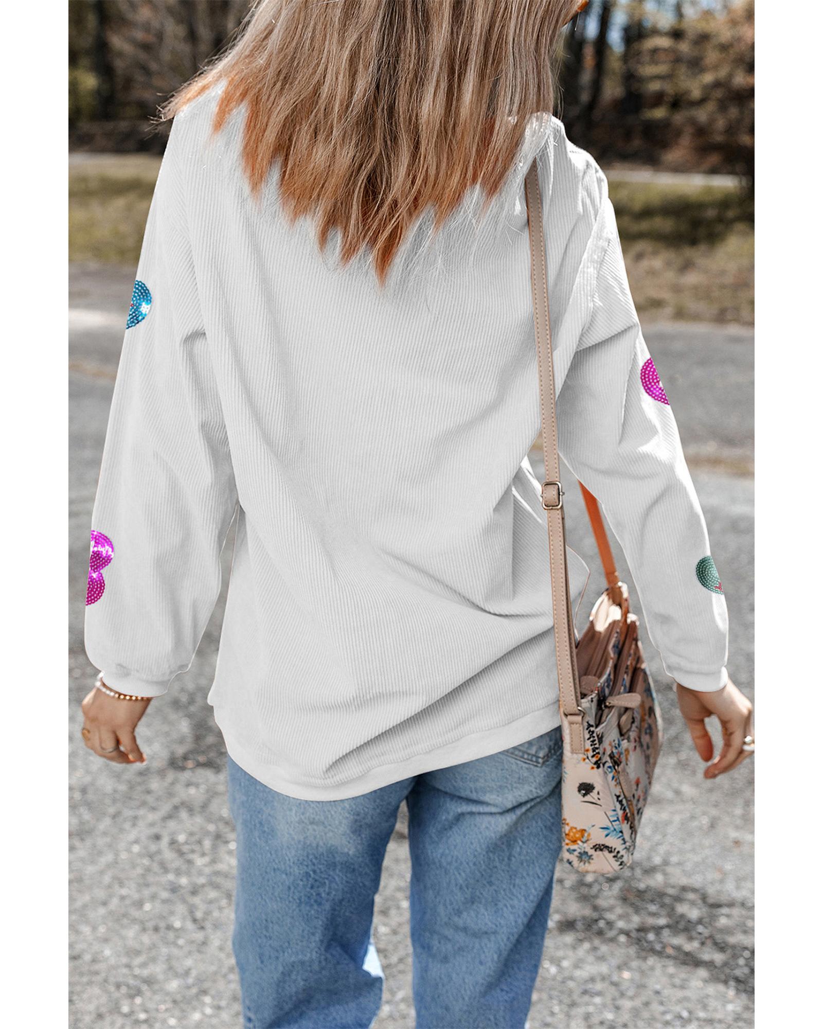White Valentines Slogan Heart Sequin Corded Baggy Sweatshirt - S 3