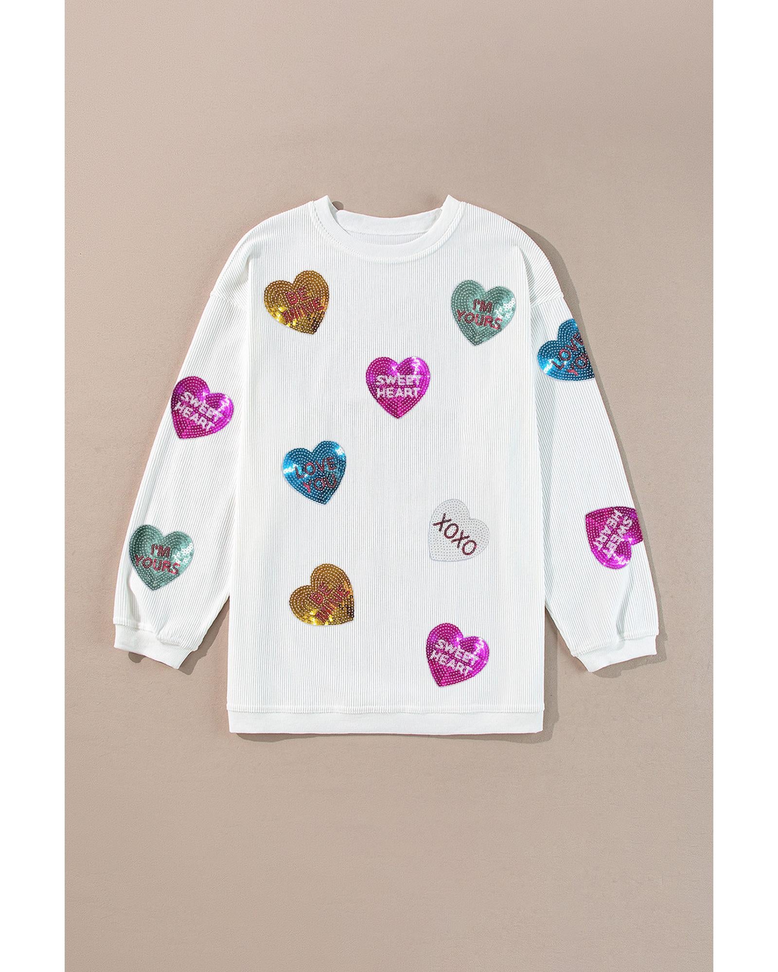 White Valentines Slogan Heart Sequin Corded Baggy Sweatshirt - S 5