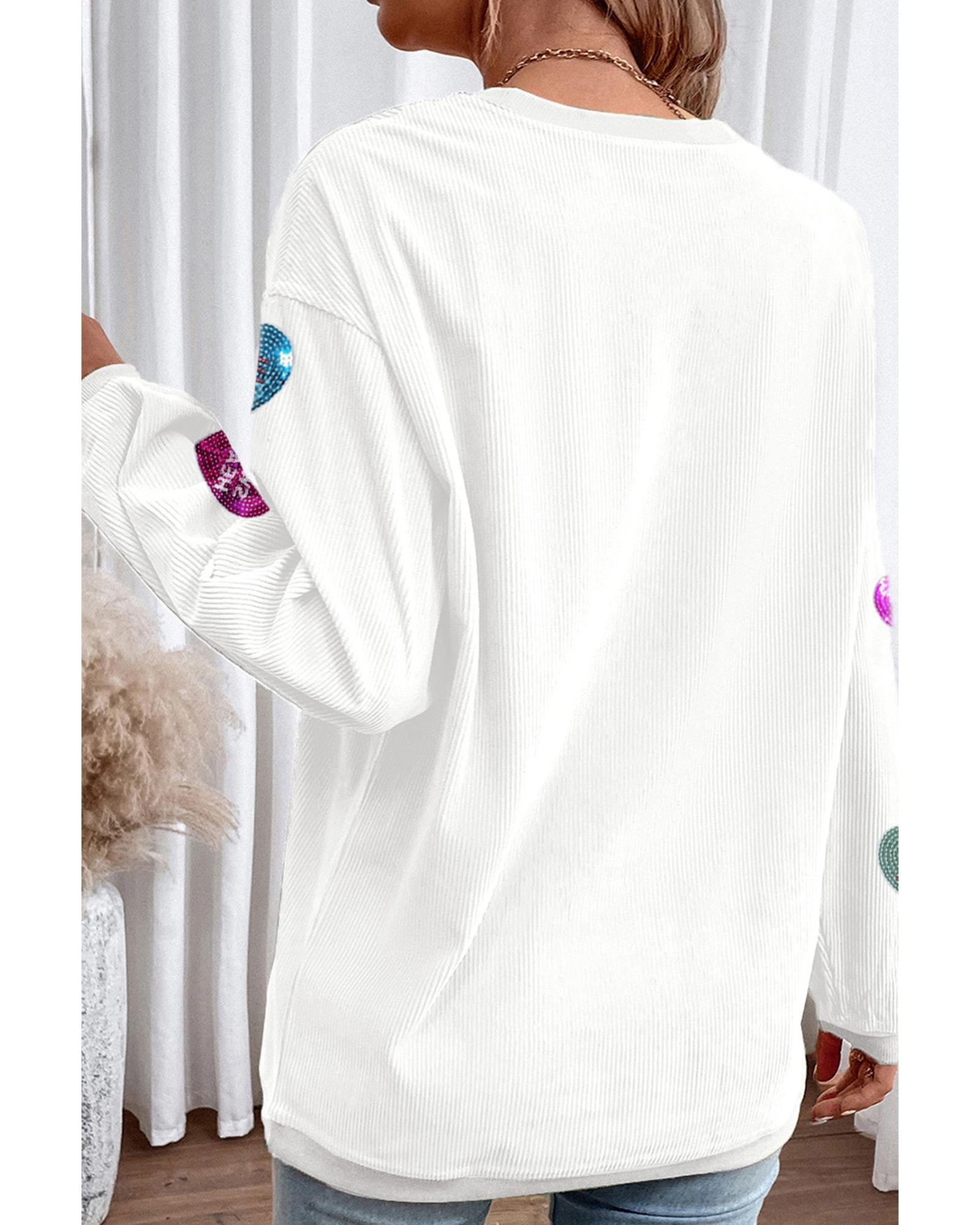 White Valentines Slogan Heart Sequin Corded Baggy Sweatshirt - S 6