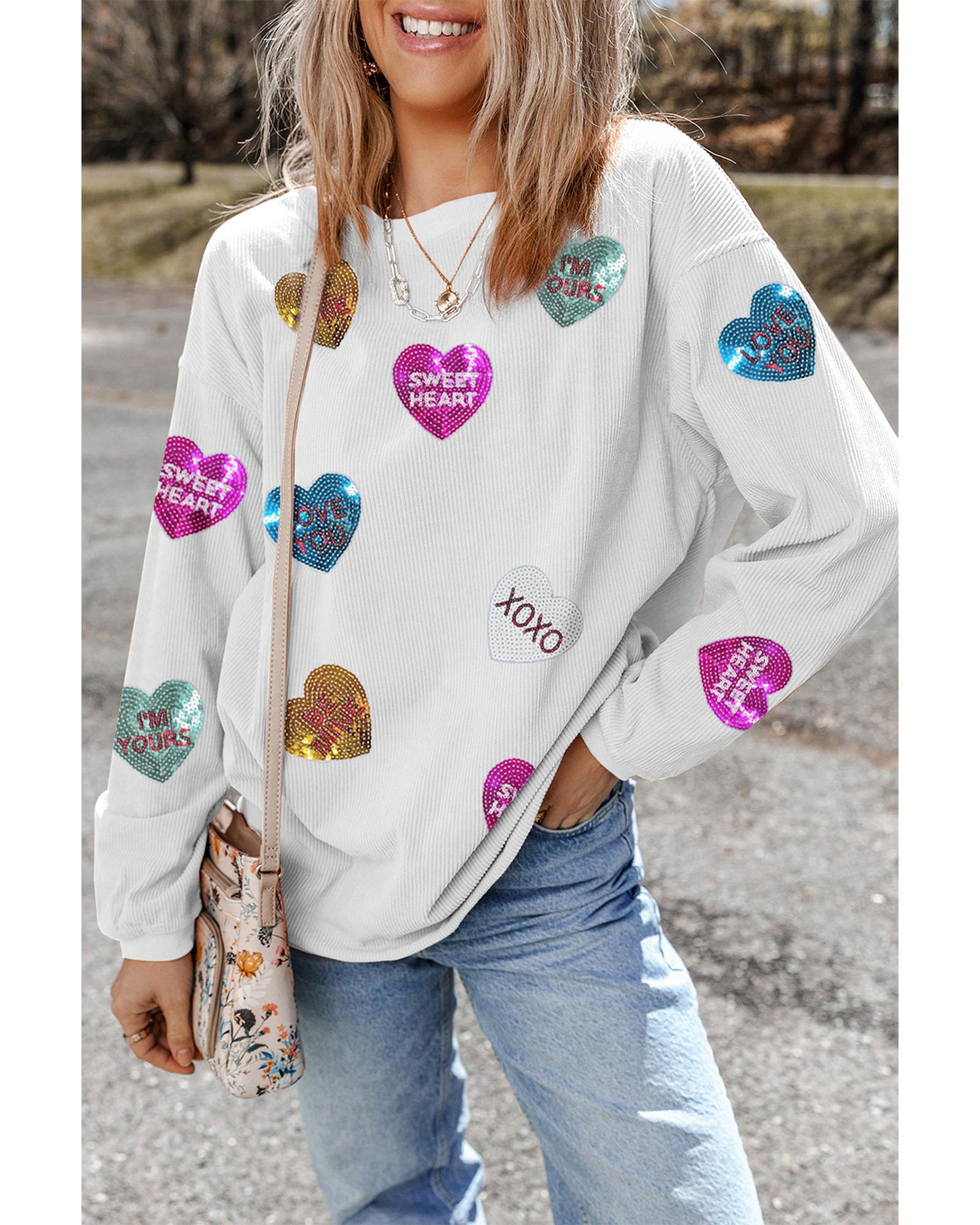 White Valentines Slogan Heart Sequin Corded Baggy Sweatshirt - S 7