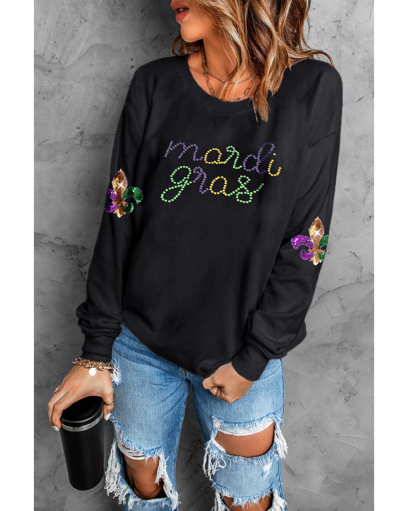 Black Ceramic Rhinestone mardi gras Letter Graphic Sweatshirt - L