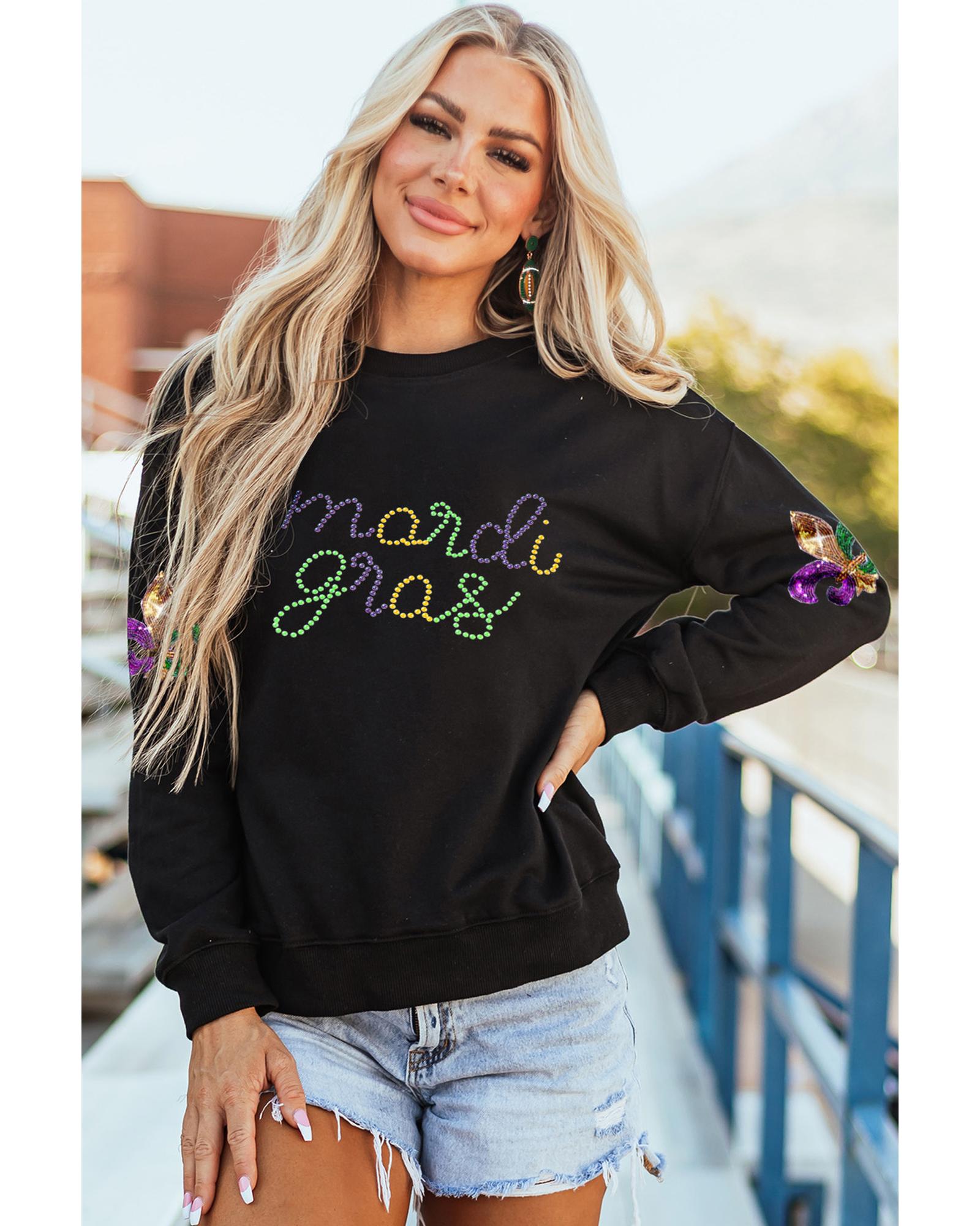 Black Ceramic Rhinestone mardi gras Letter Graphic Sweatshirt - M