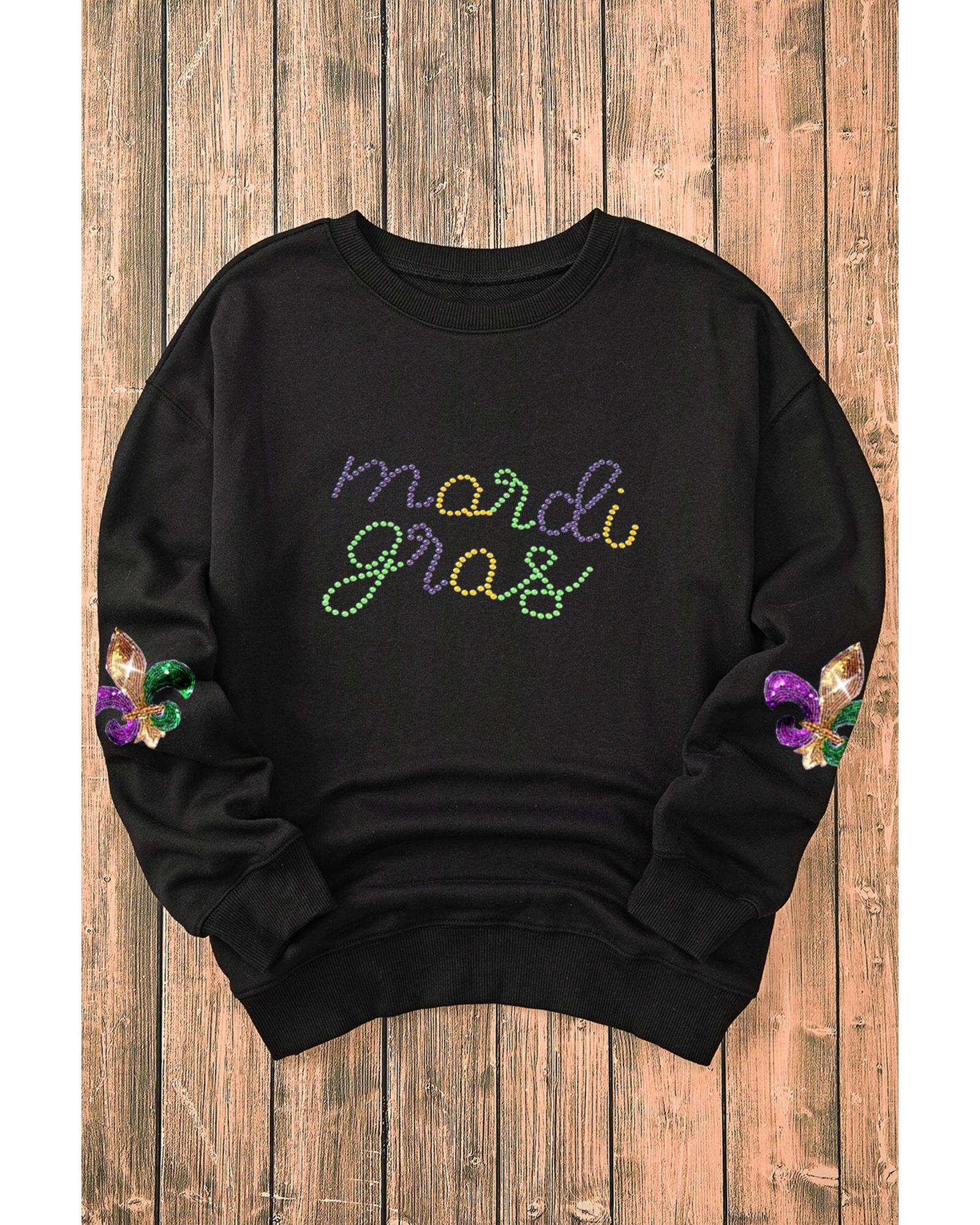 Black Ceramic Rhinestone mardi gras Letter Graphic Sweatshirt - M 3