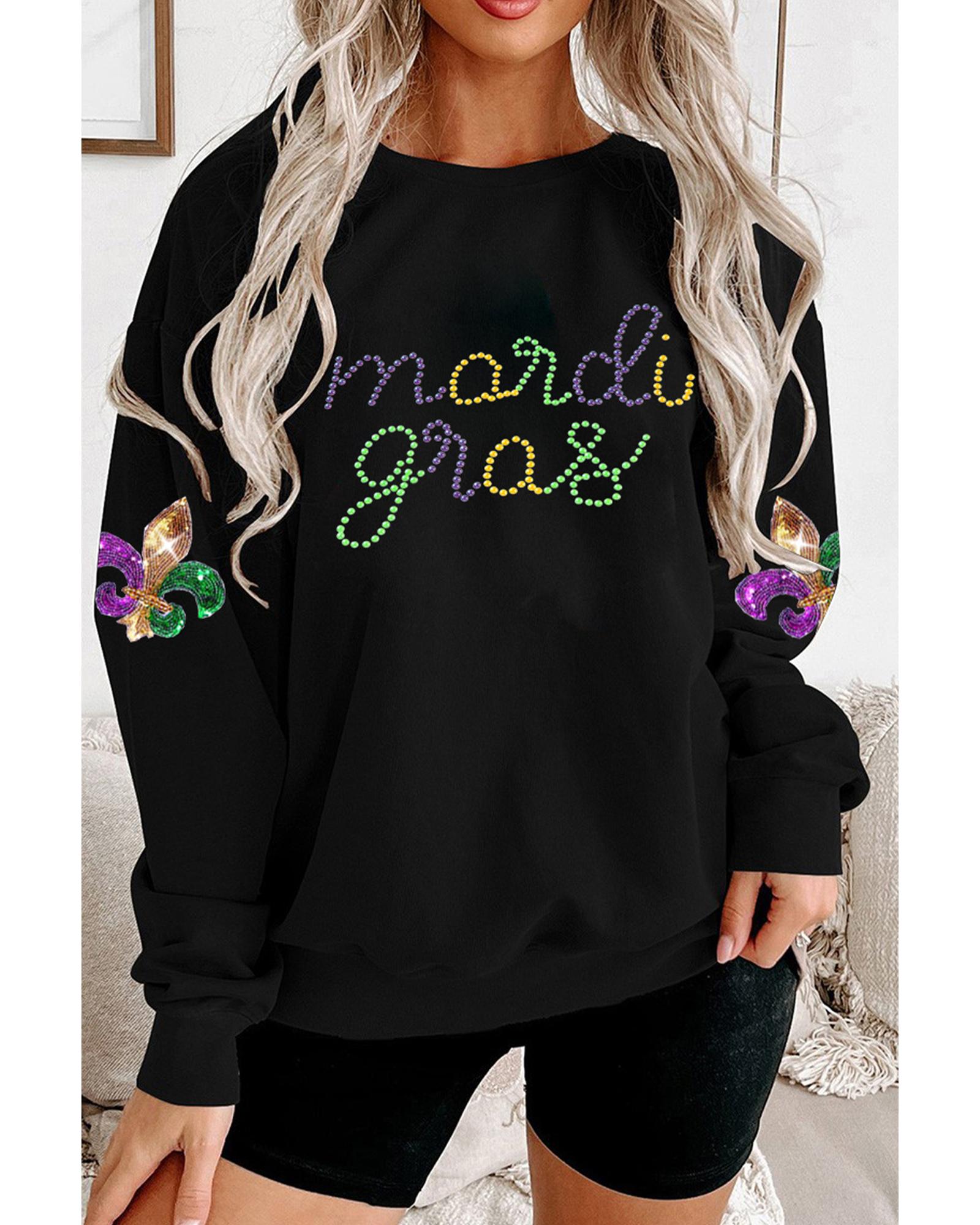 Black Ceramic Rhinestone mardi gras Letter Graphic Sweatshirt - S 5
