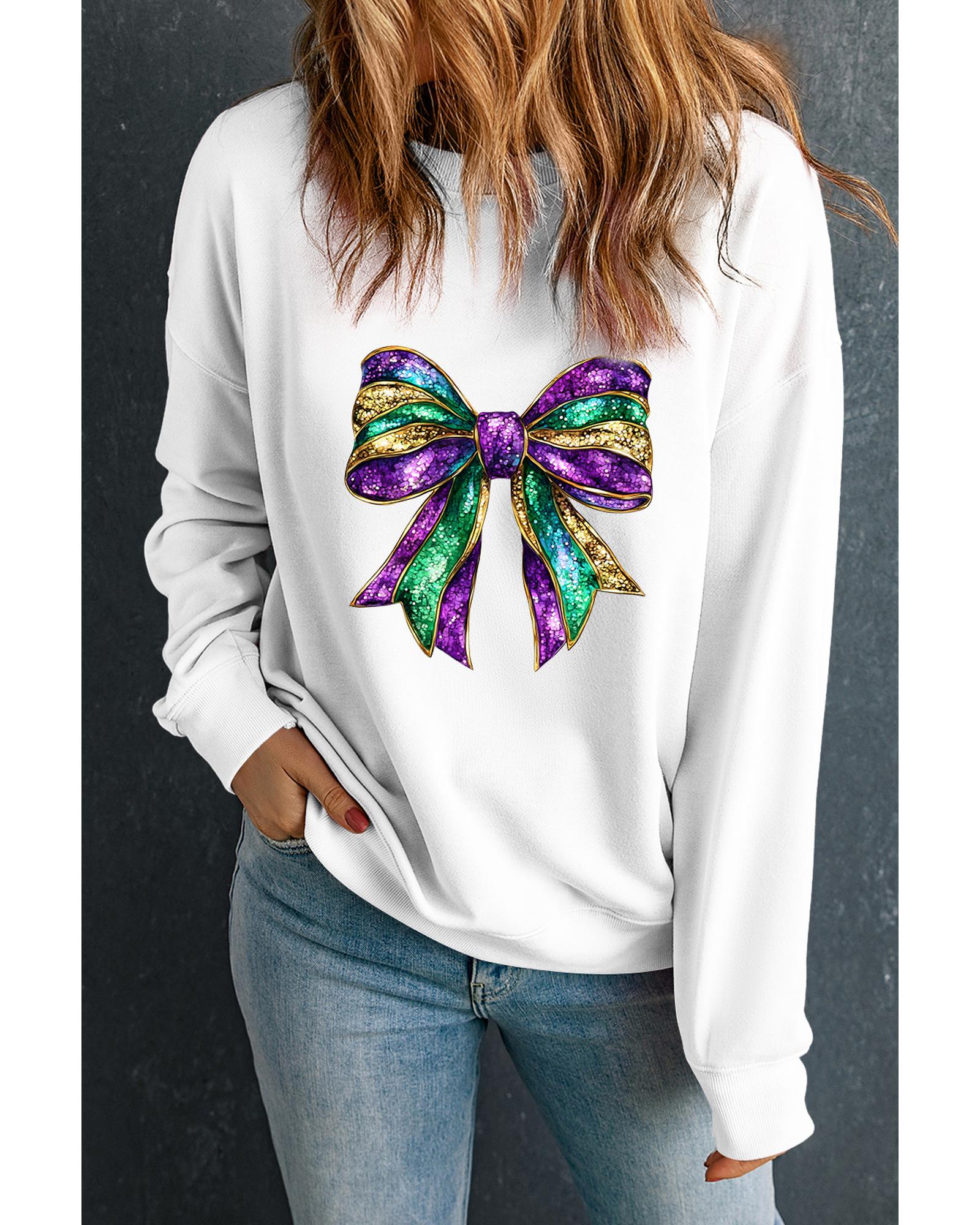 White Mardi Gras Bow Graphic Drop Shoulder Sweatshirt - L 7