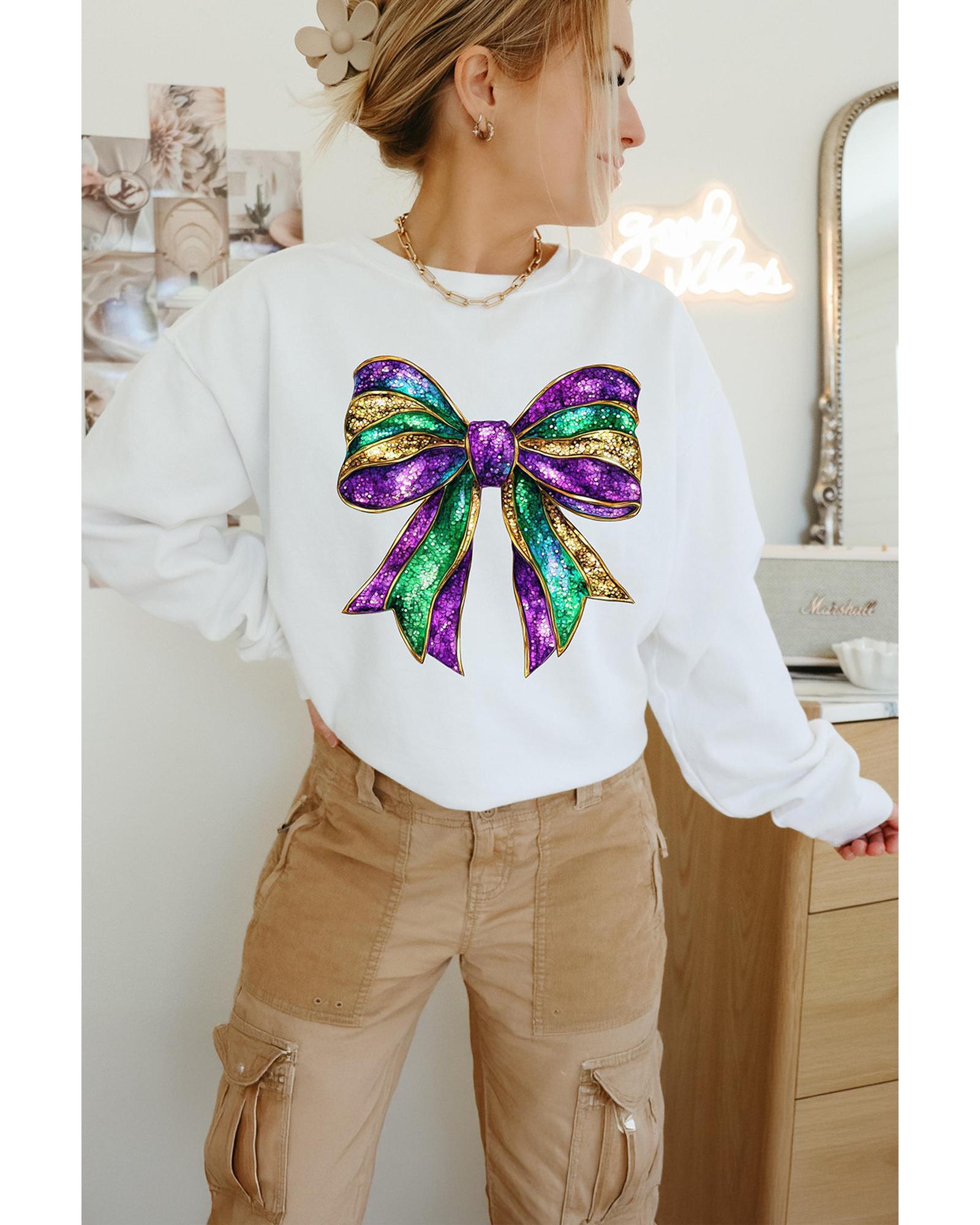 White Mardi Gras Bow Graphic Drop Shoulder Sweatshirt - M 4