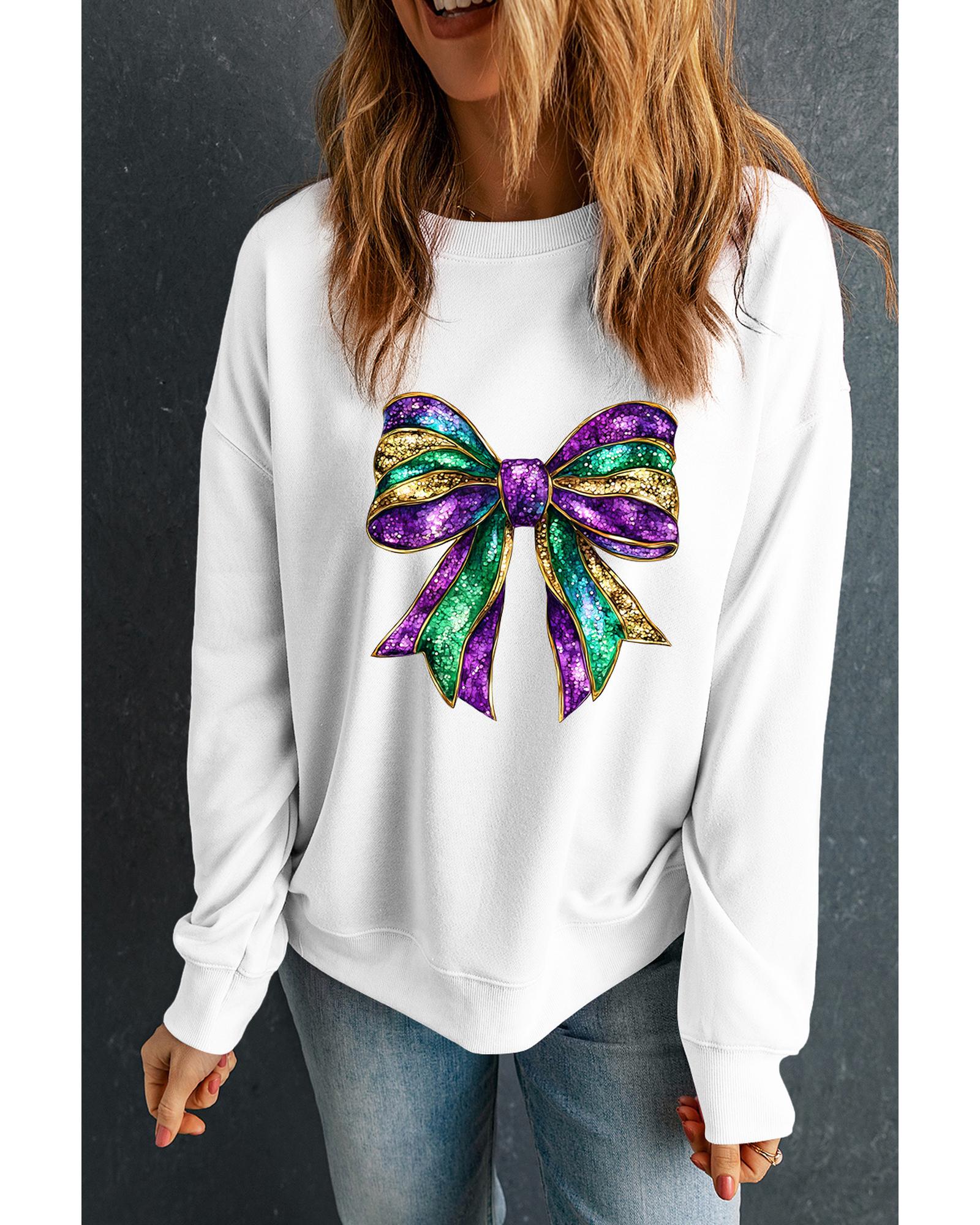White Mardi Gras Bow Graphic Drop Shoulder Sweatshirt - M 6