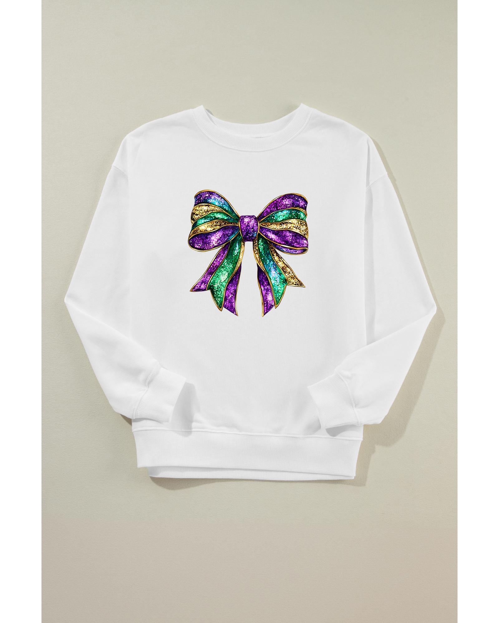 White Mardi Gras Bow Graphic Drop Shoulder Sweatshirt - S 3