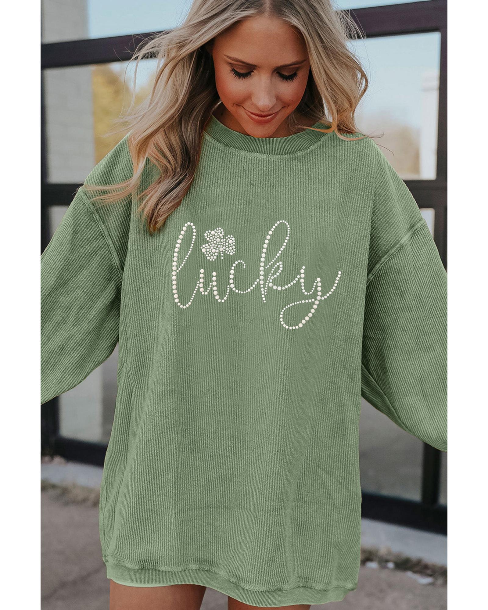 Grass Green Rhinestone lucky Clover Graphic Ribbed St Patrick Sweatshirt - S 3