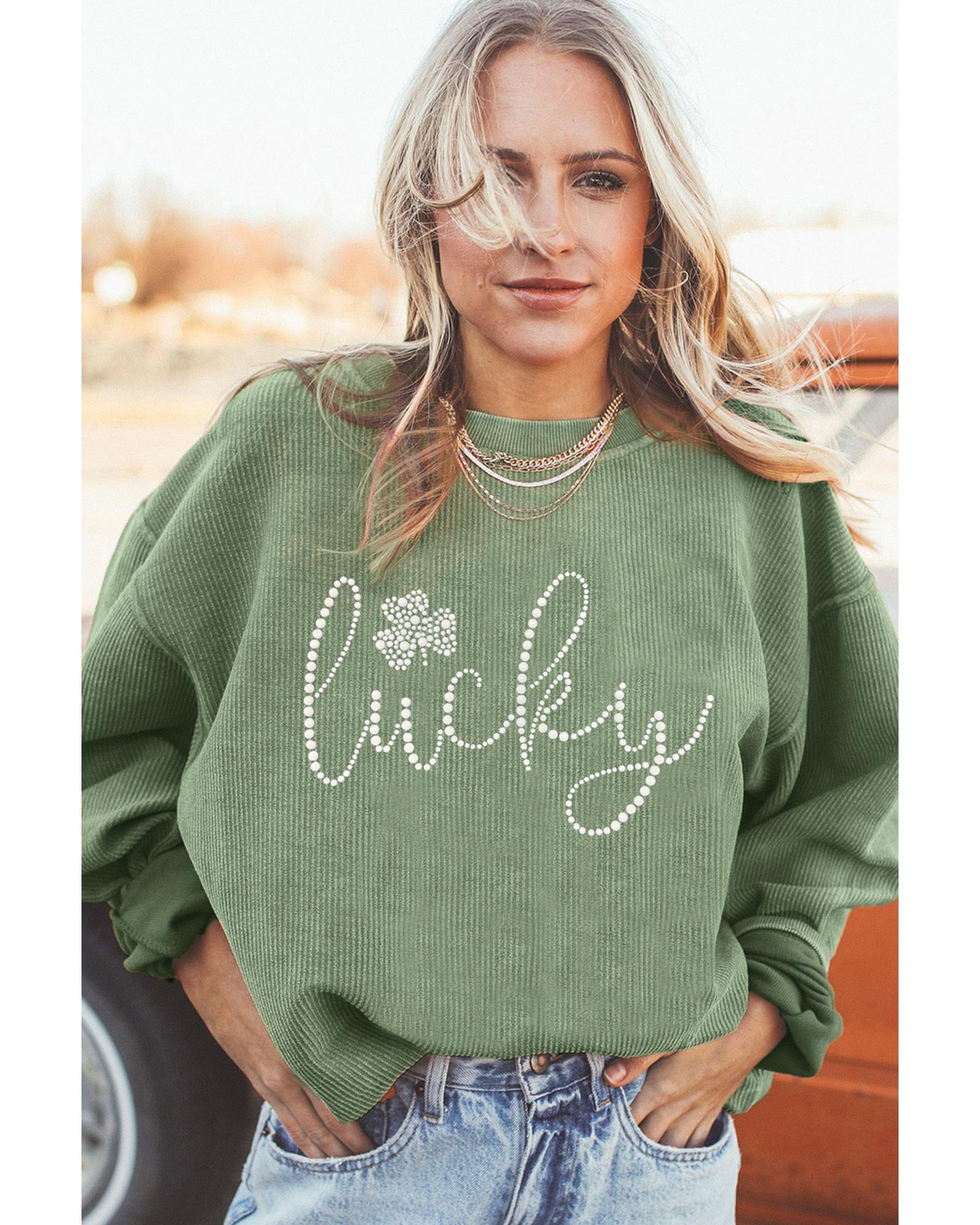Grass Green Rhinestone lucky Clover Graphic Ribbed St Patrick Sweatshirt - S 5
