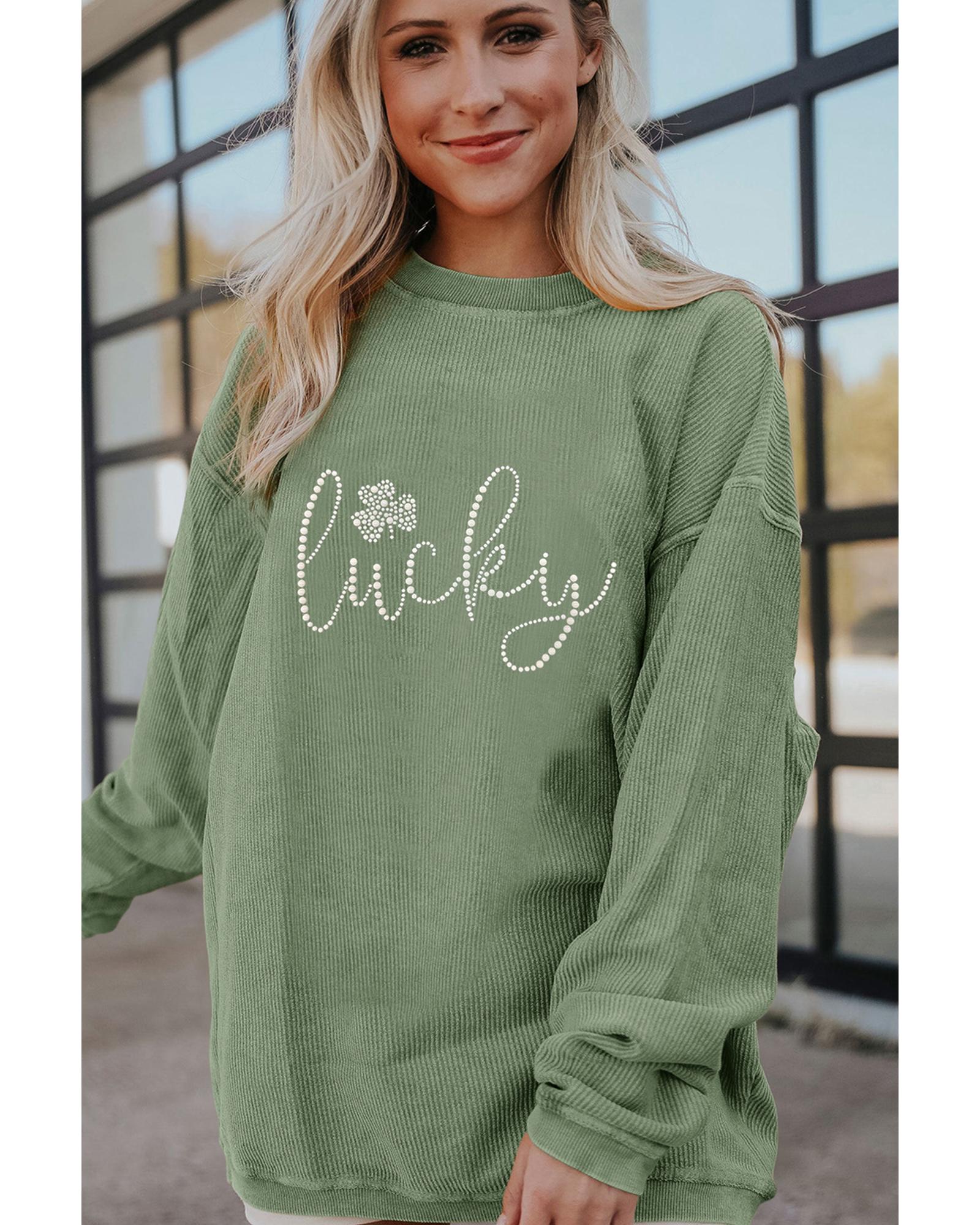 Grass Green Rhinestone lucky Clover Graphic Ribbed St Patrick Sweatshirt - S 6