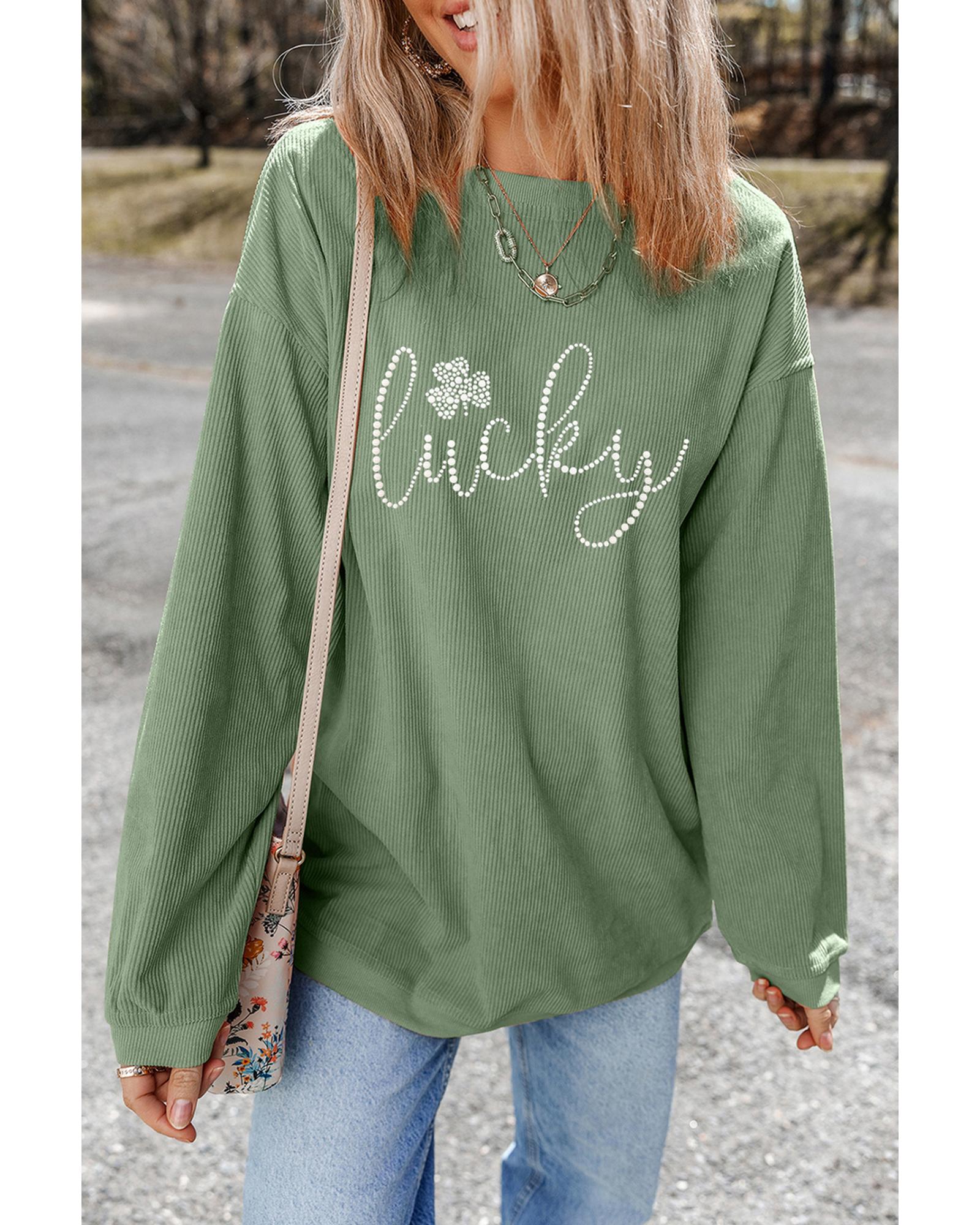 Grass Green Rhinestone lucky Clover Graphic Ribbed St Patrick Sweatshirt - S 7