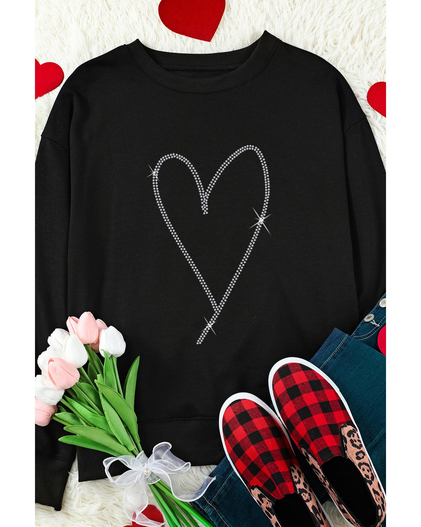 Black Rhinestone Heart Pattern Valentines Fashion Sweatshirt - L 6