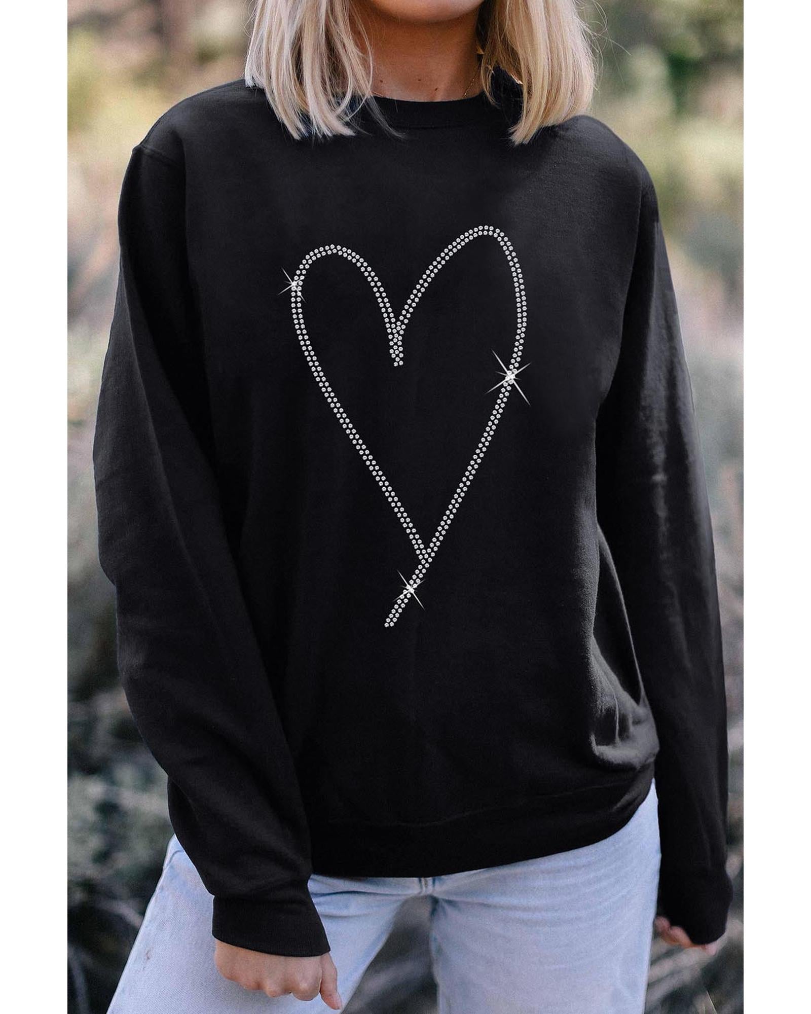 Black Rhinestone Heart Pattern Valentines Fashion Sweatshirt - L 8
