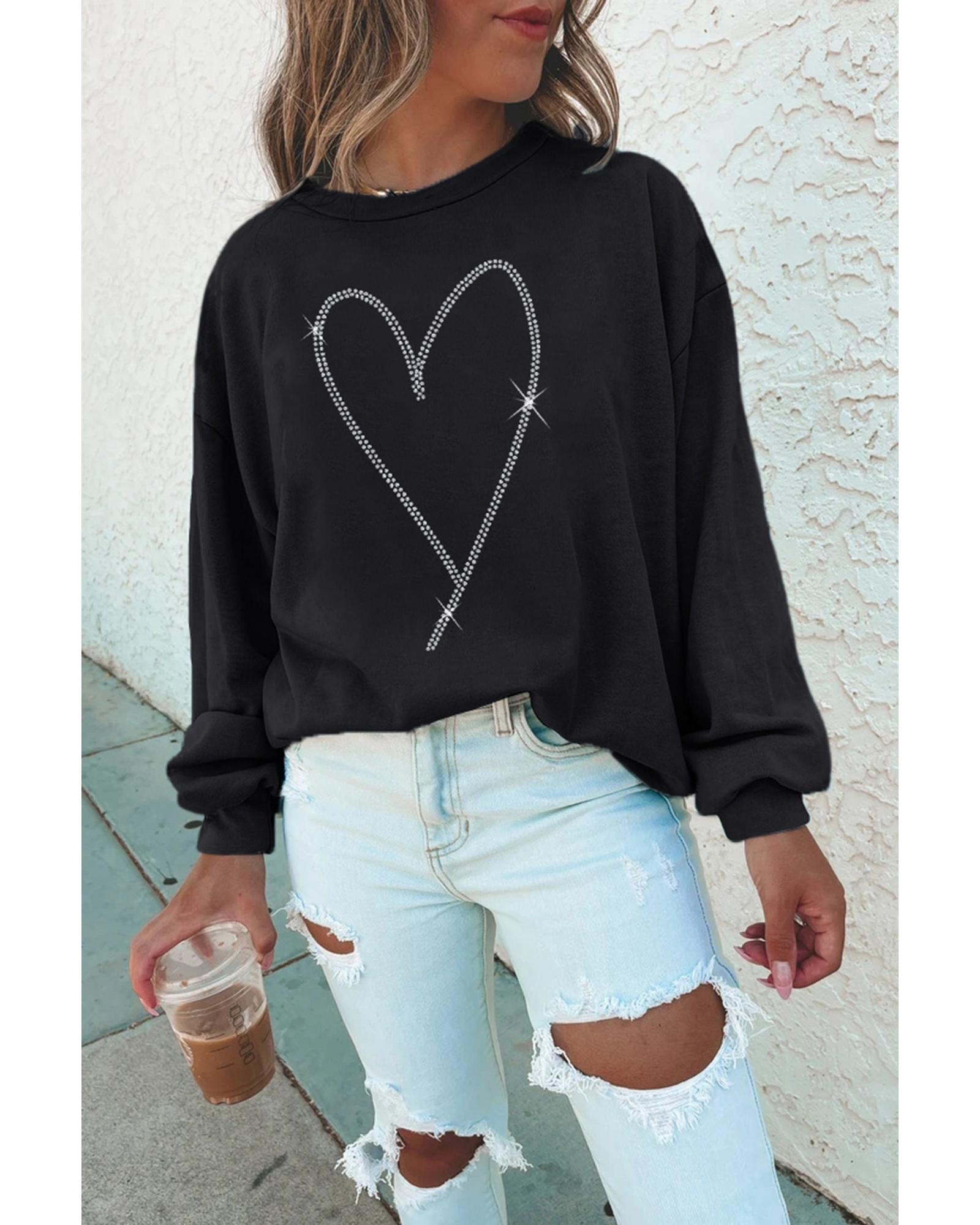 Black Rhinestone Heart Pattern Valentines Fashion Sweatshirt - S 7