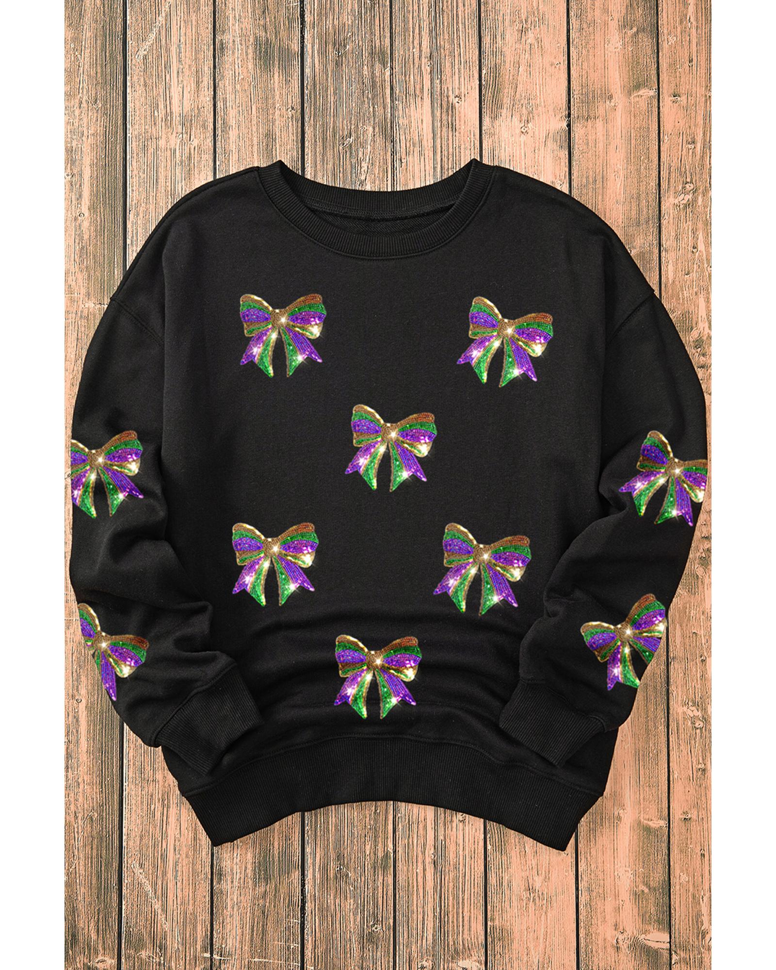 Black Sequin Mardi Gras Bow Graphic Drop Shoulder Pullover Sweatshirt - M