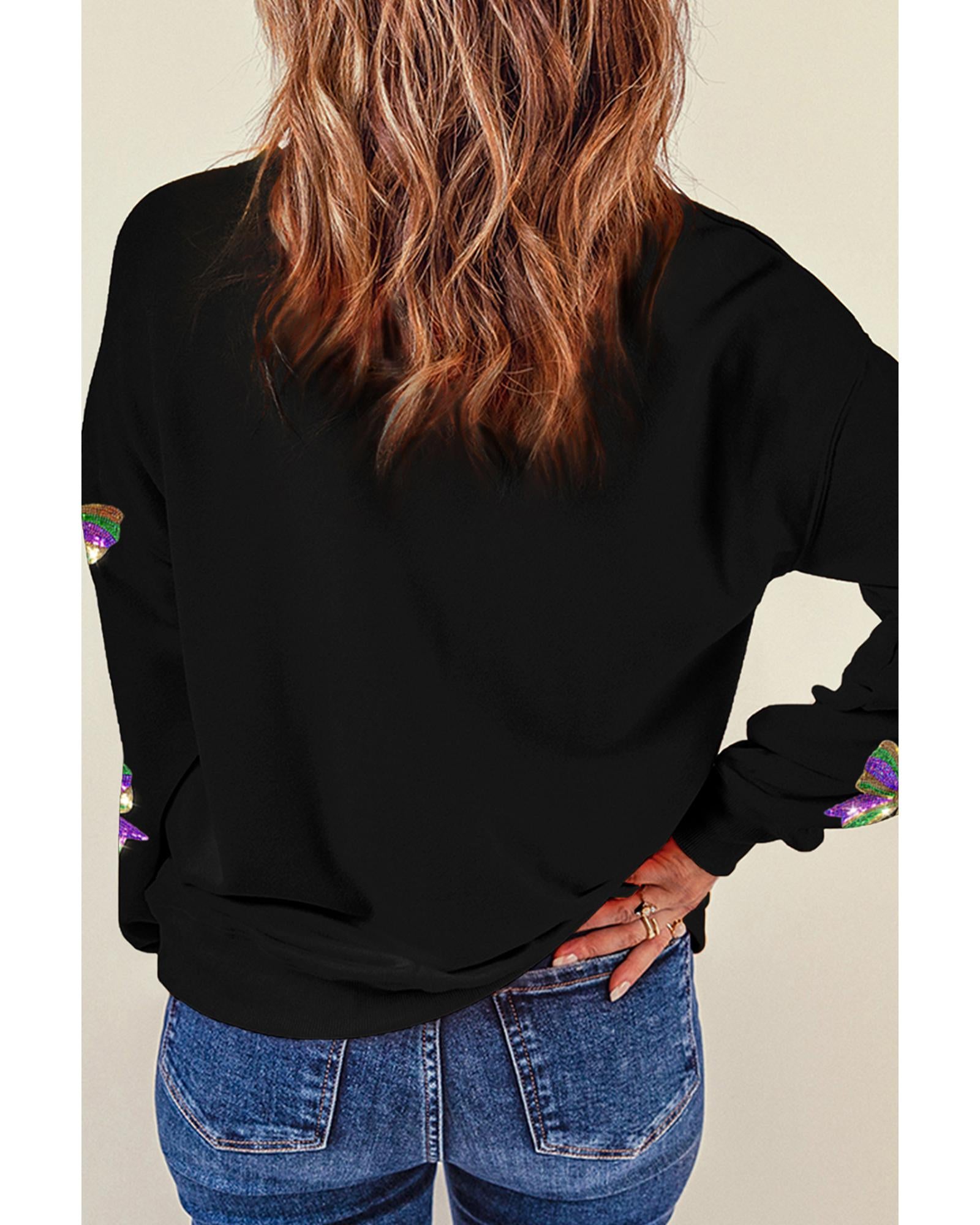 Black Sequin Mardi Gras Bow Graphic Drop Shoulder Pullover Sweatshirt - S 3