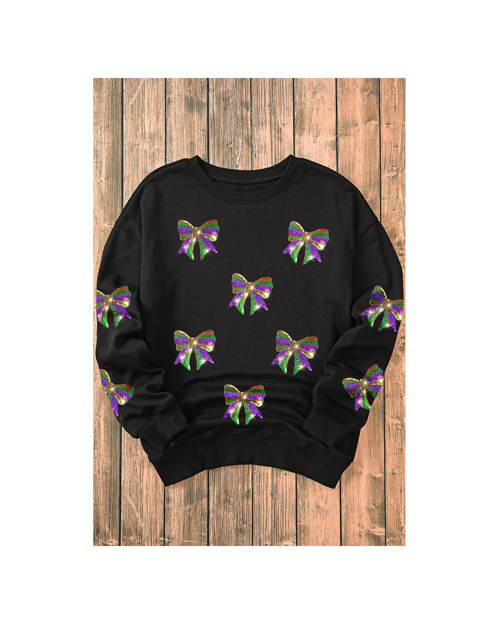 Black Sequin Mardi Gras Bow Graphic Drop Shoulder Pullover Sweatshirt - XL