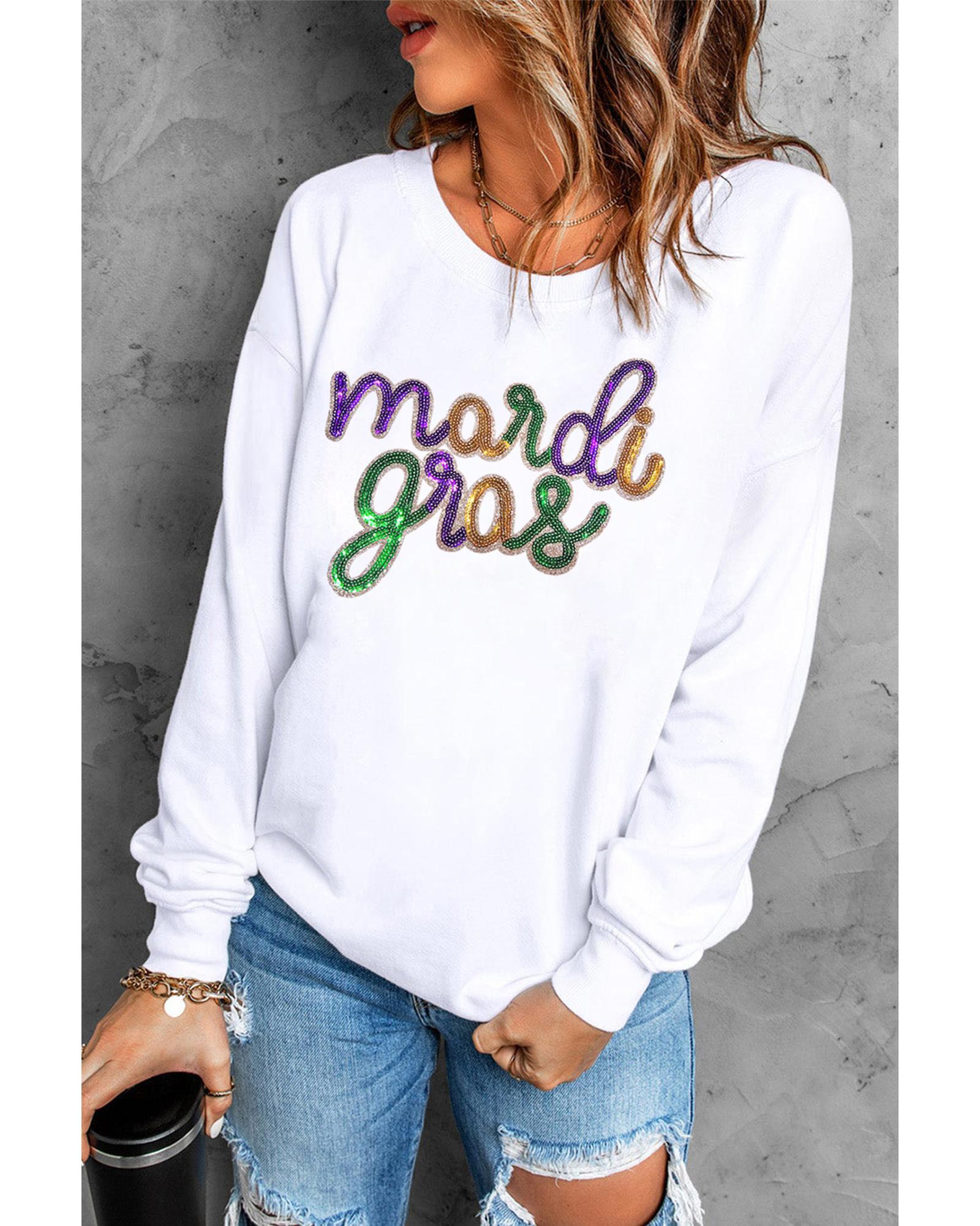 White Sequined mardi gras Graphic Crew Neck Drop Shoulder Sweatshirt - M