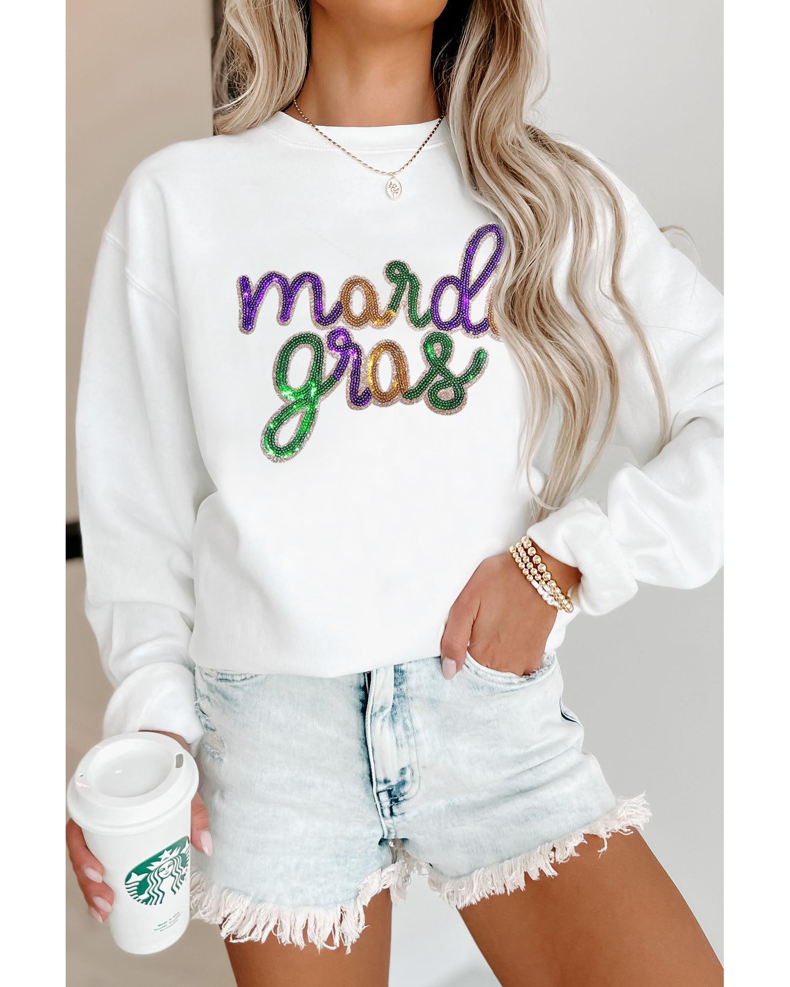 White Sequined mardi gras Graphic Crew Neck Drop Shoulder Sweatshirt - M 5