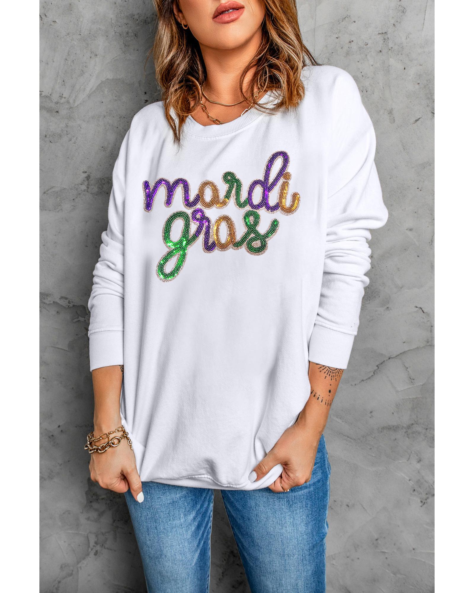White Sequined mardi gras Graphic Crew Neck Drop Shoulder Sweatshirt - XL 3