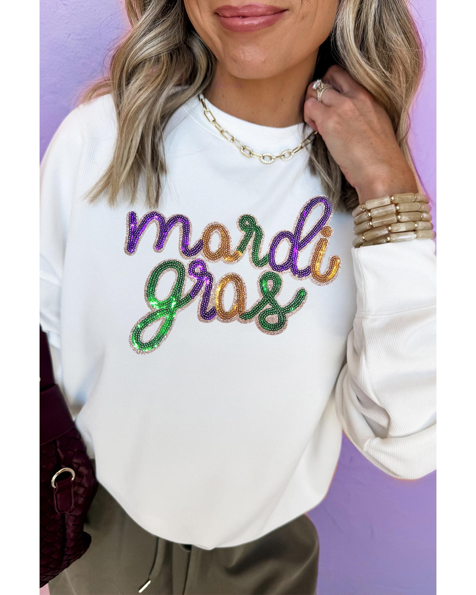 White Sequined mardi gras Graphic Crew Neck Drop Shoulder Sweatshirt - XL 4