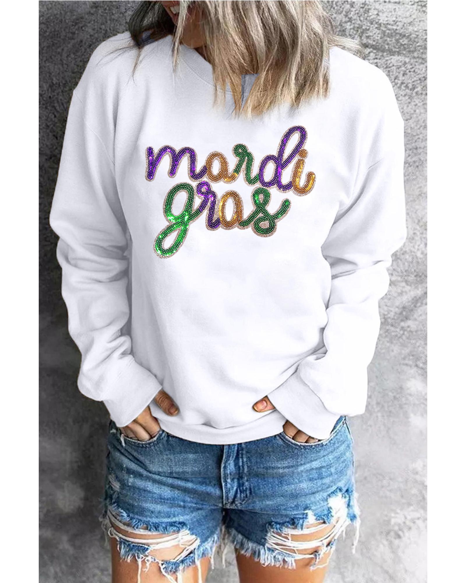 White Sequined mardi gras Graphic Crew Neck Drop Shoulder Sweatshirt - XL 6