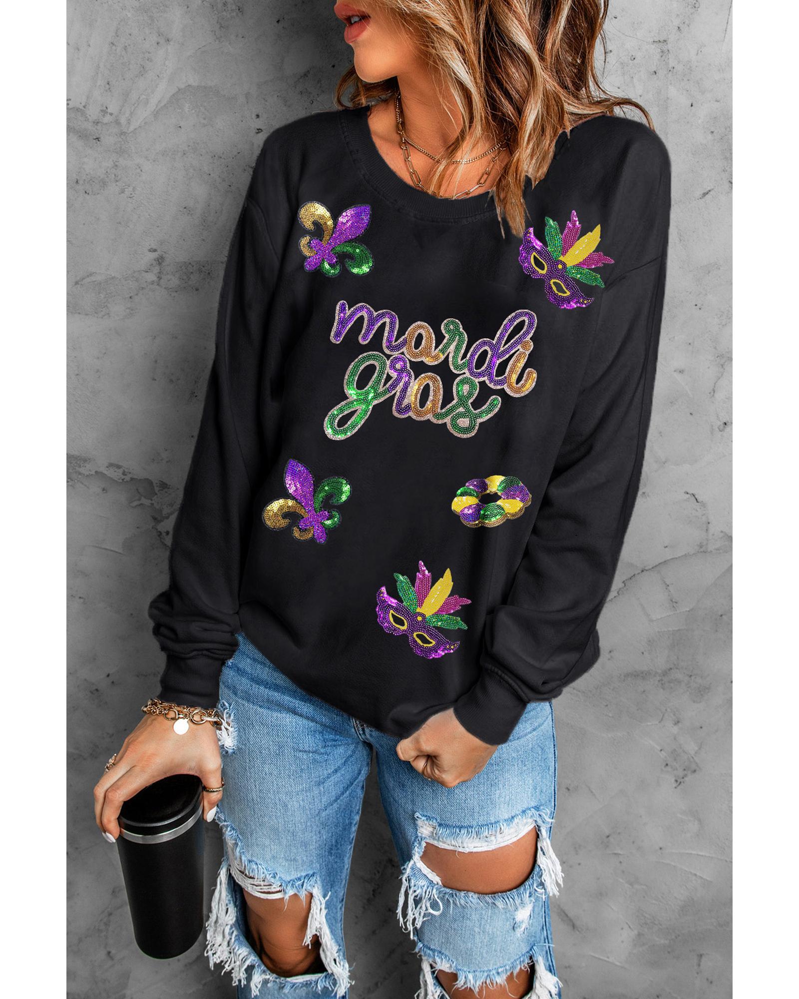 Black Sequin mardi gras Fleur de Lis Graphic Pullover Sweatshirt - L 4