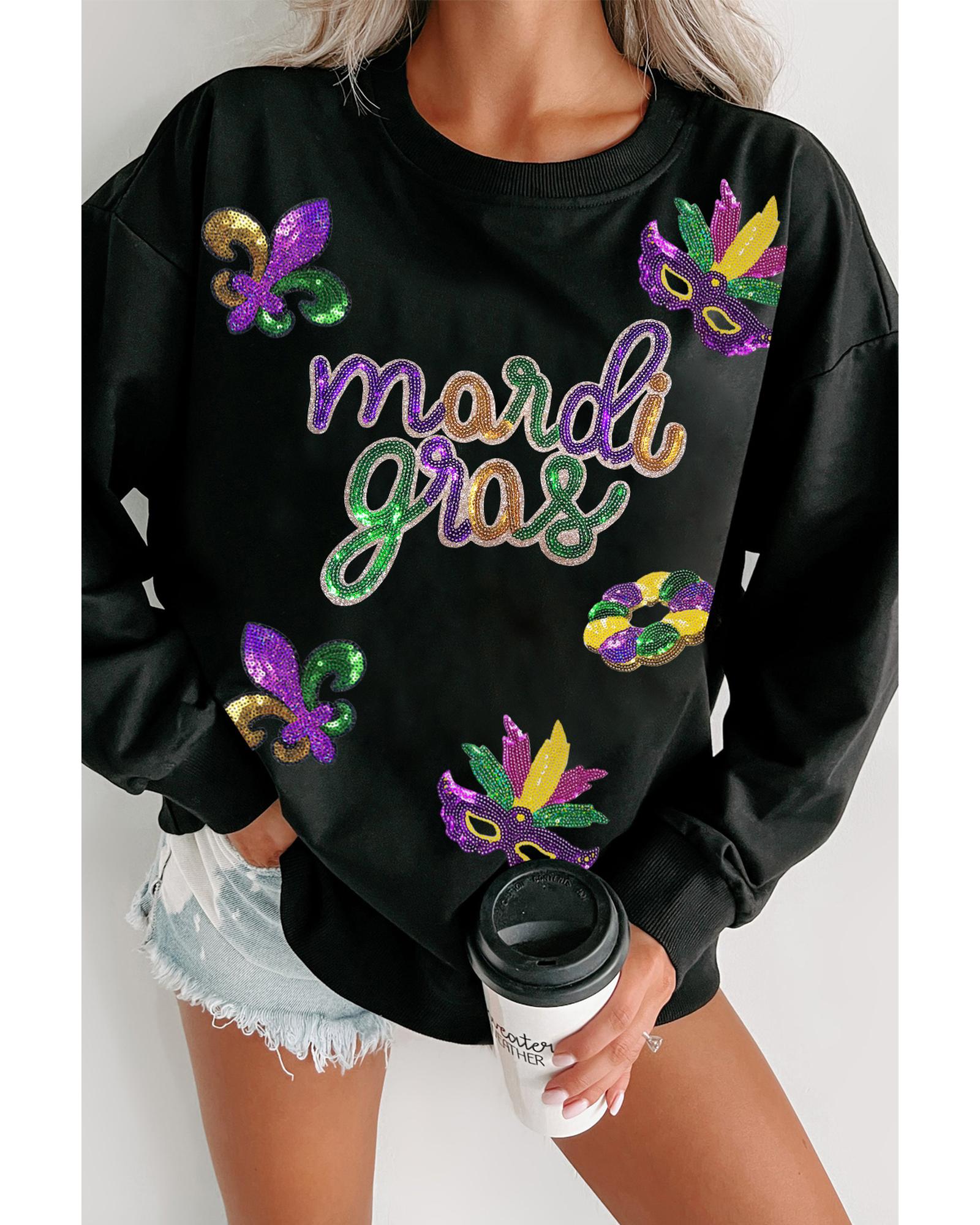 Black Sequin mardi gras Fleur de Lis Graphic Pullover Sweatshirt - S 3