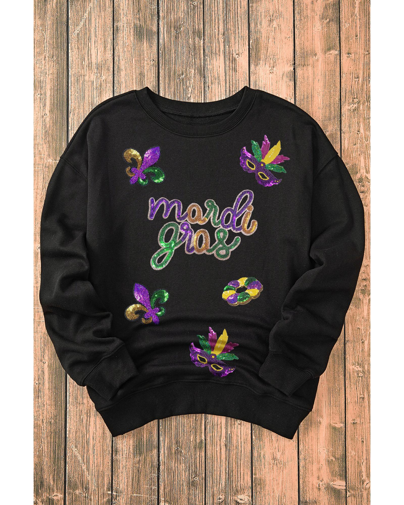 Black Sequin mardi gras Fleur de Lis Graphic Pullover Sweatshirt - S 5