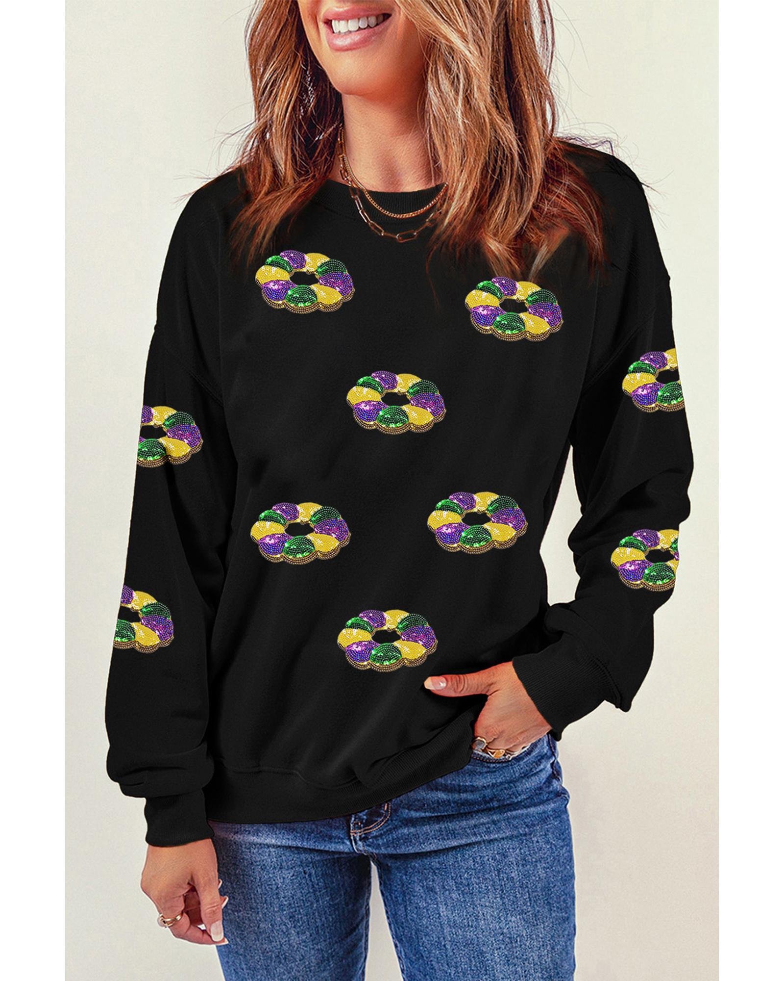 Black Sequined Donuts of Mardi Gras Colors Drop Shoulder Sweatshirt - M 3
