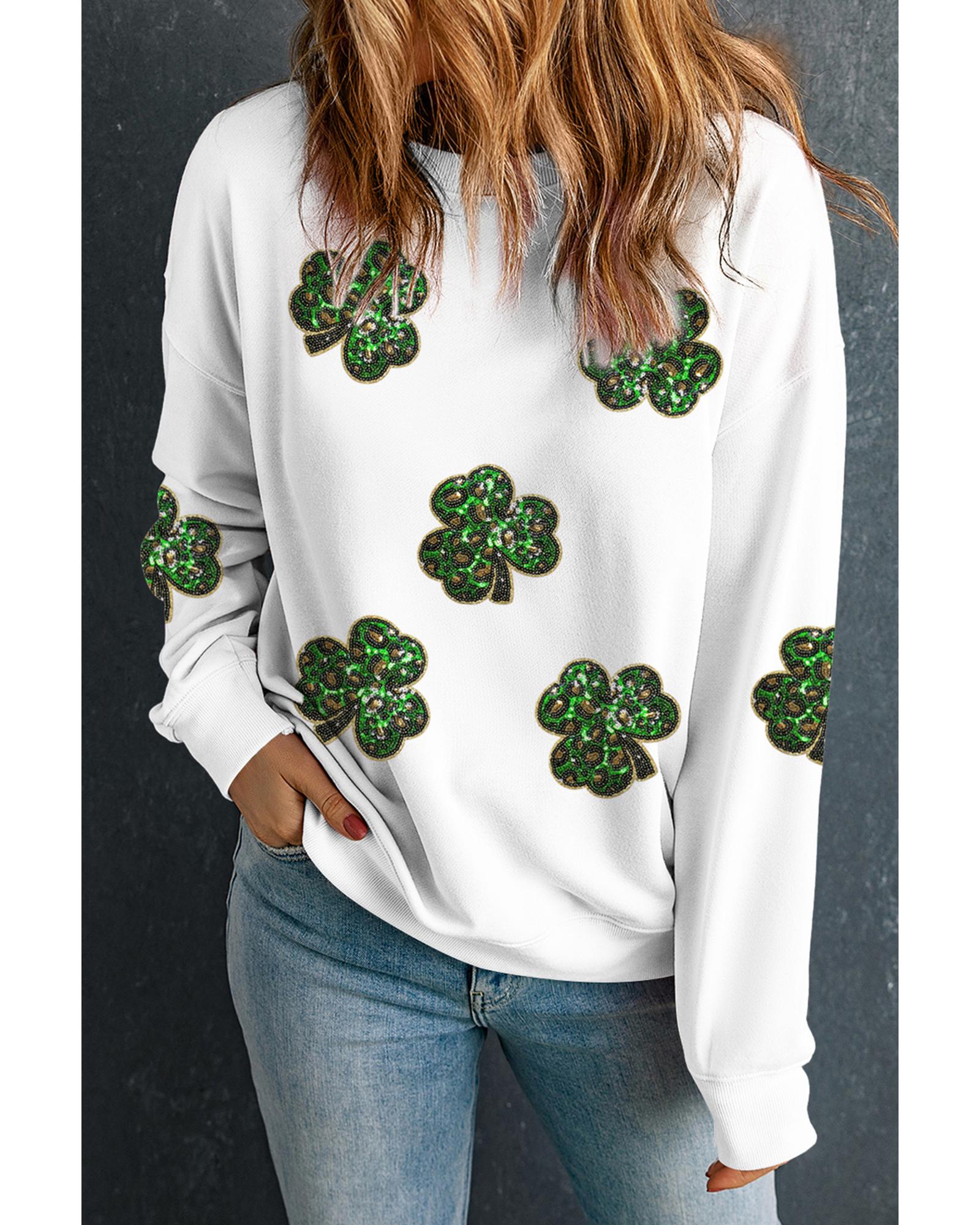 White Sequin Clover Patched Pattern St Patrick Pullover Sweatshirt - S 4
