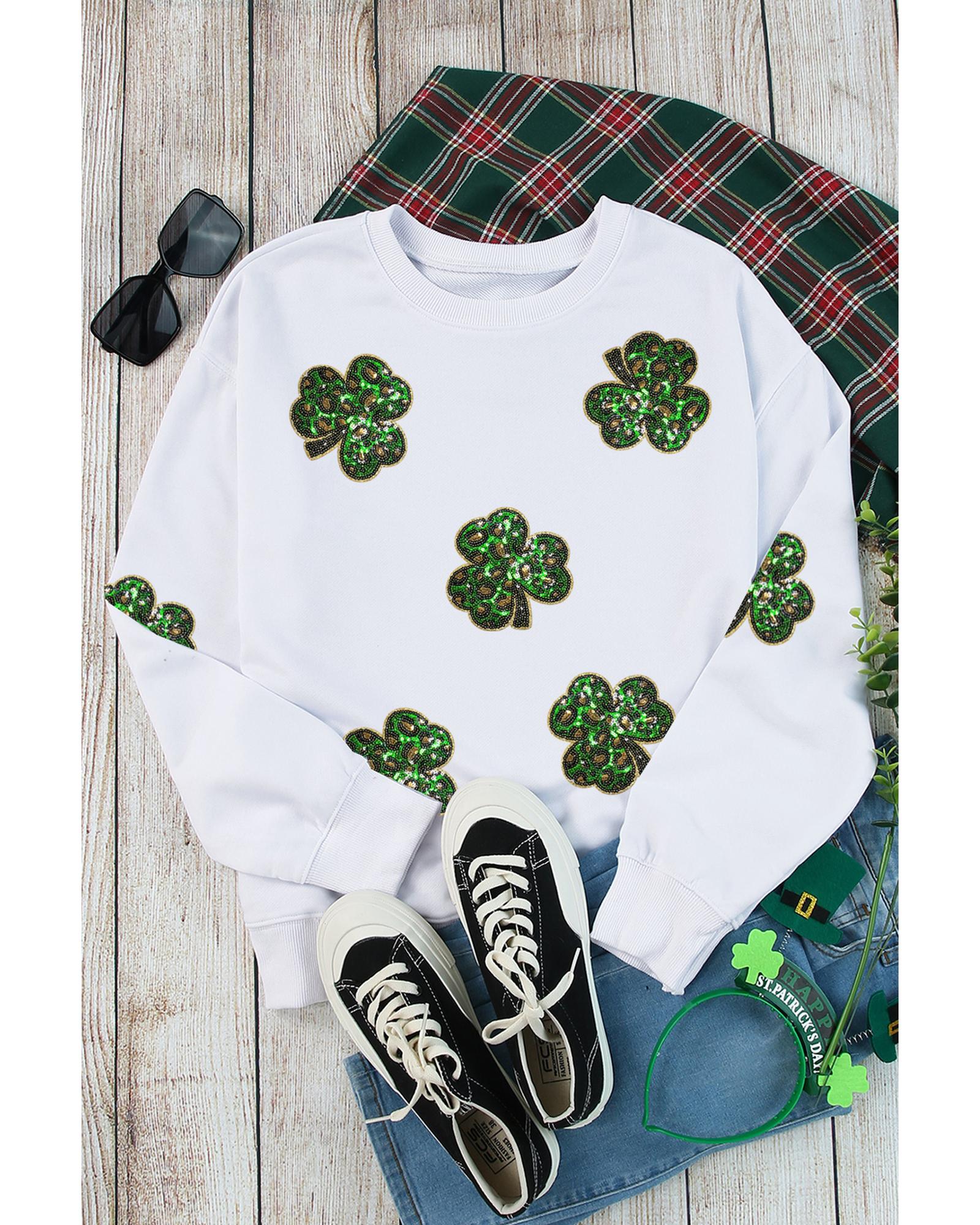 White Sequin Clover Patched Pattern St Patrick Pullover Sweatshirt - XL