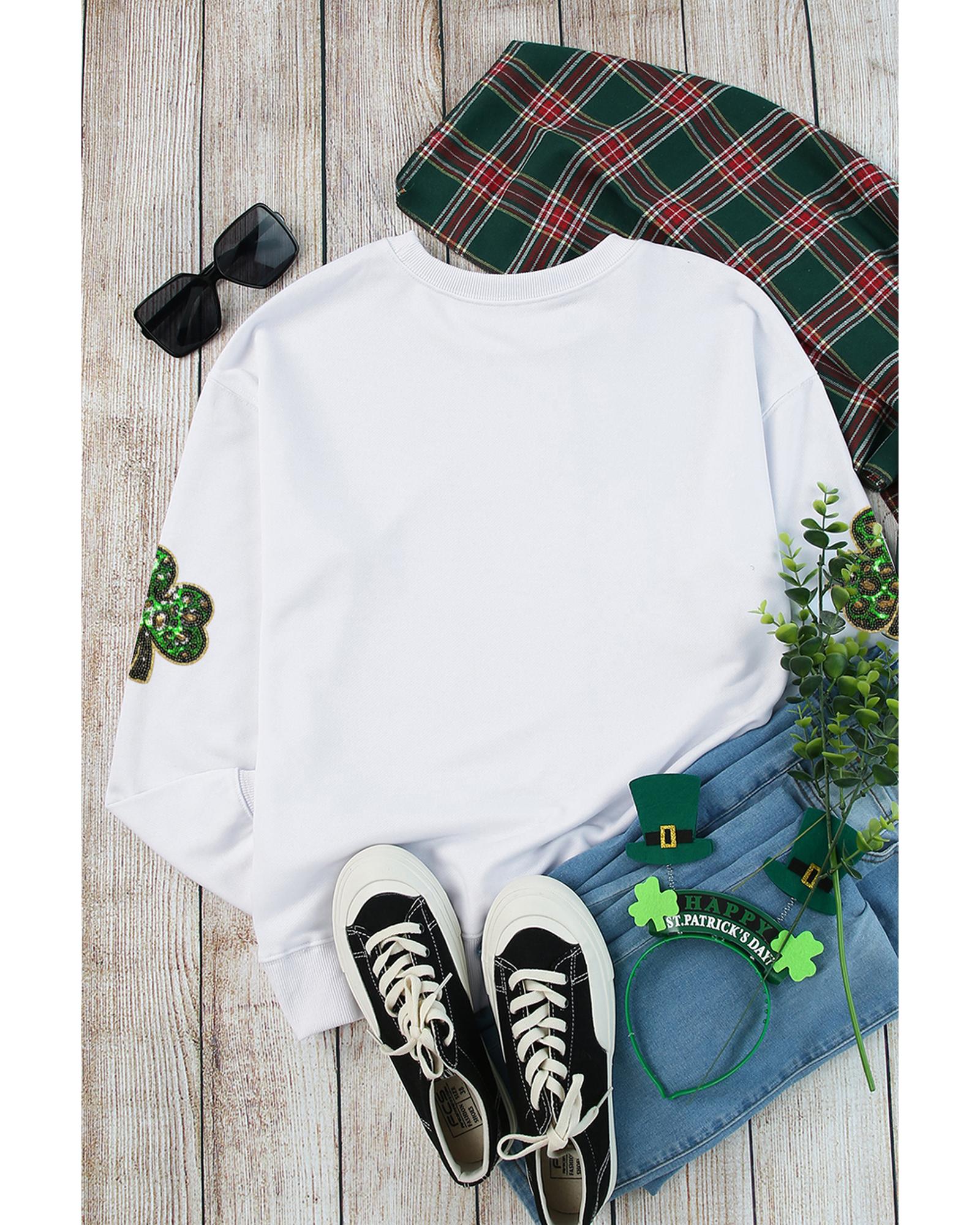 White Sequin Clover Patched Pattern St Patrick Pullover Sweatshirt - XL 3