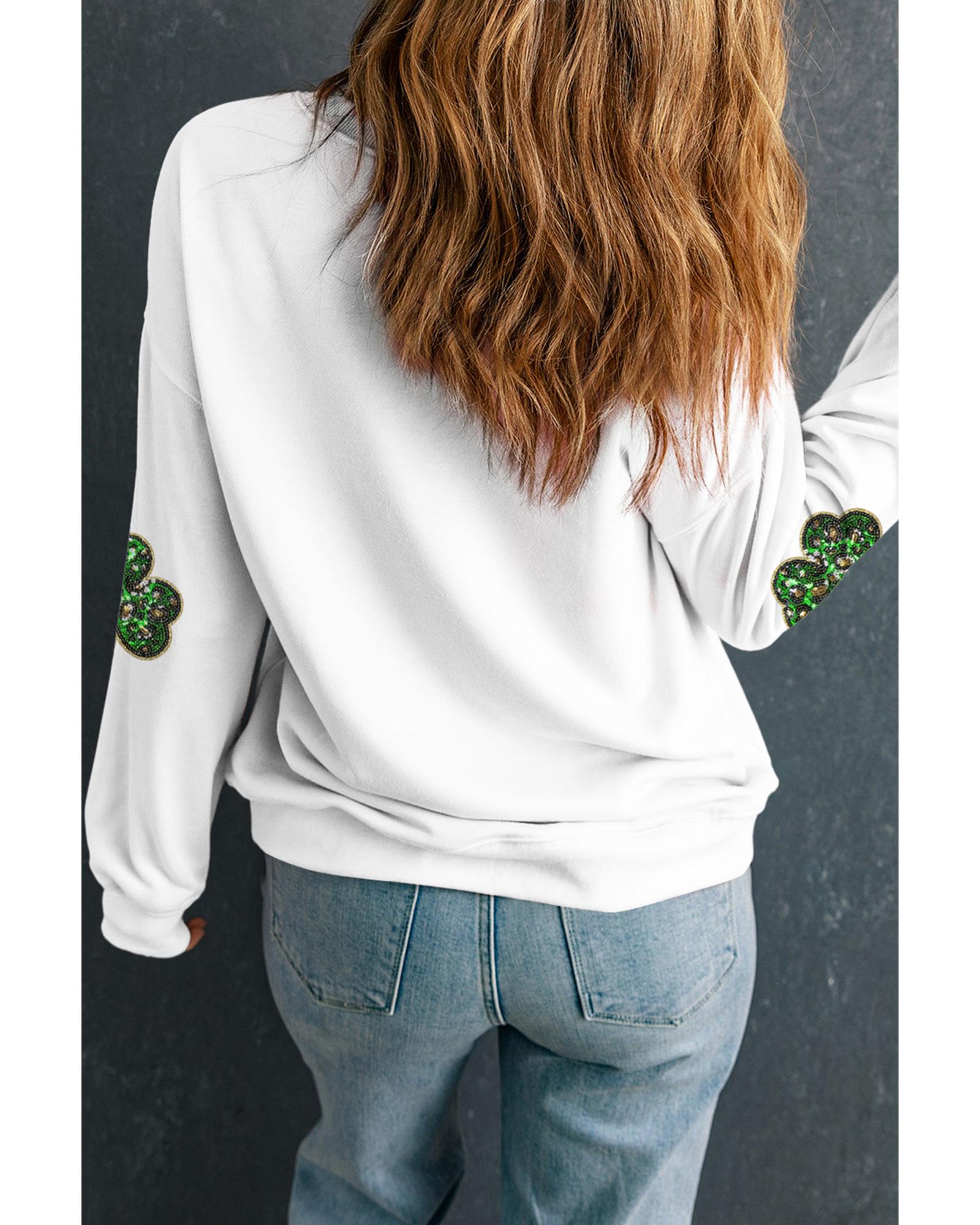 White Sequin Clover Patched Pattern St Patrick Pullover Sweatshirt - XL 5