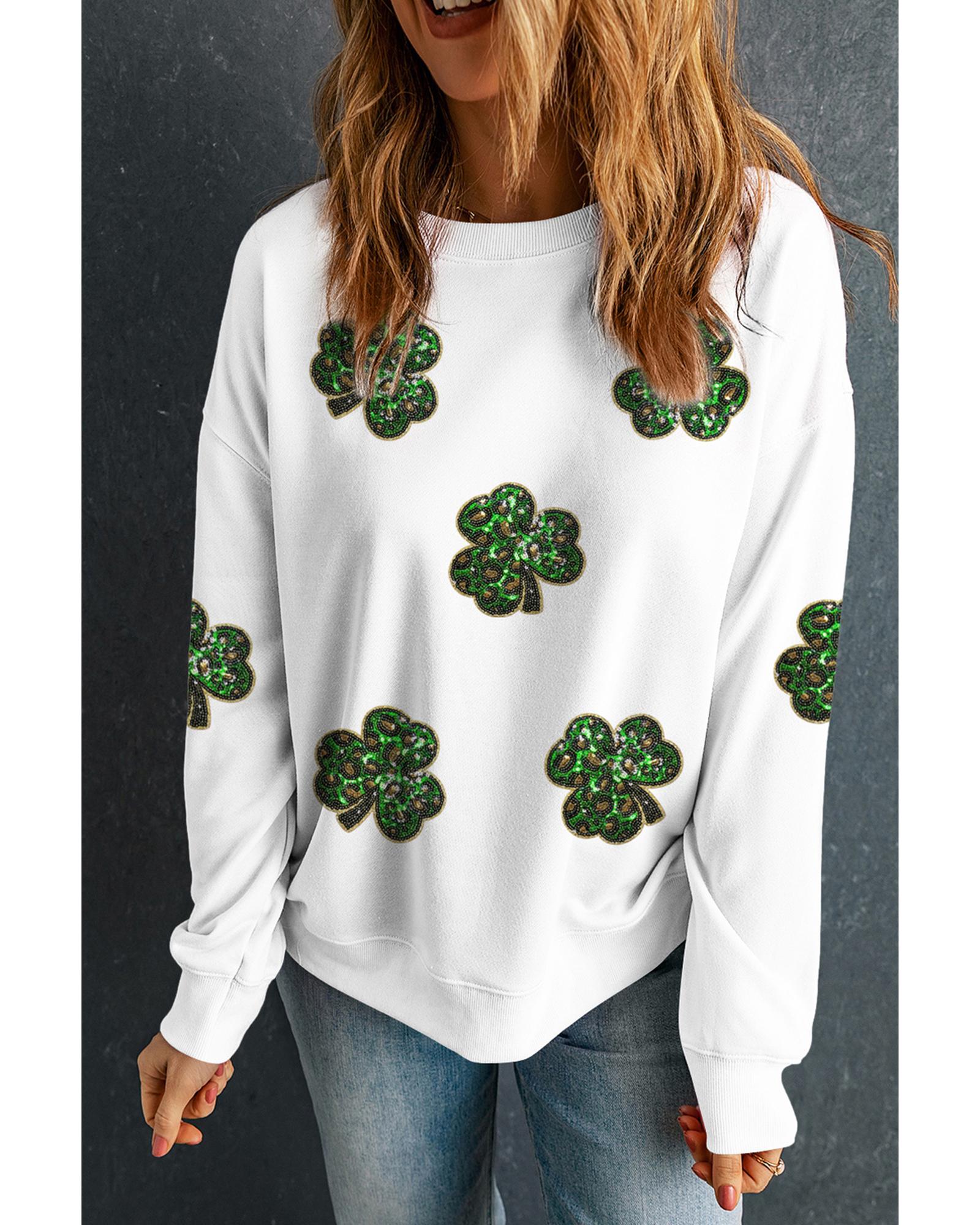 White Sequin Clover Patched Pattern St Patrick Pullover Sweatshirt - XL 6