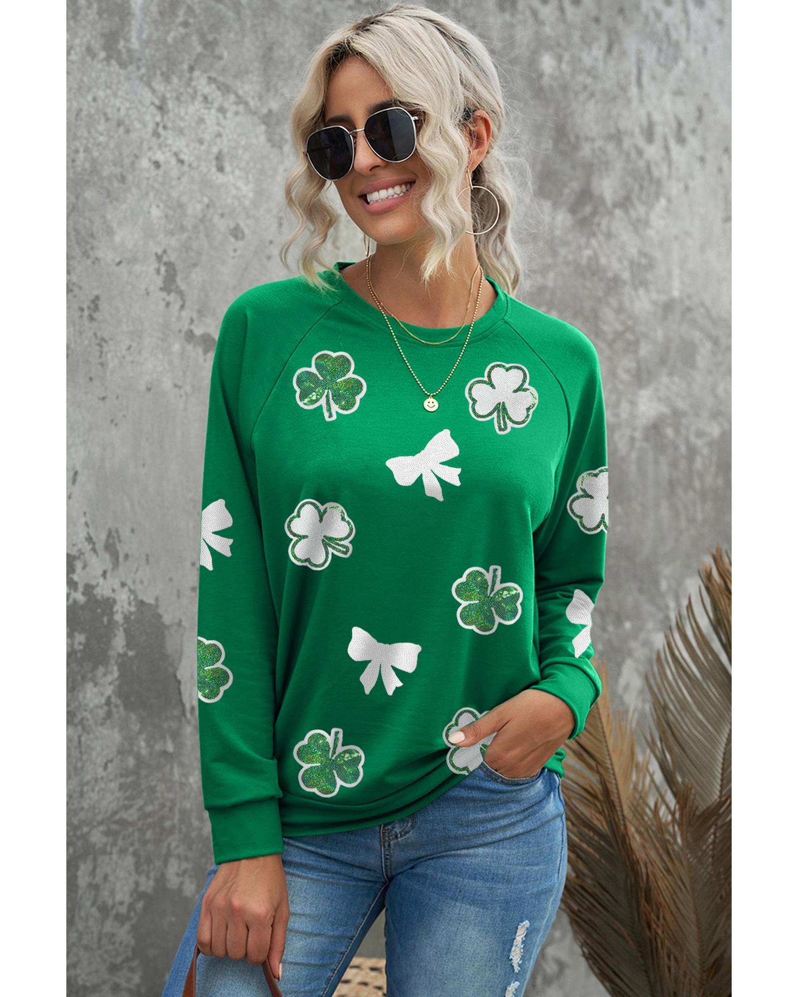 Green Sequin Bow Clover Graphic Pullover Sweatshirt - S 3
