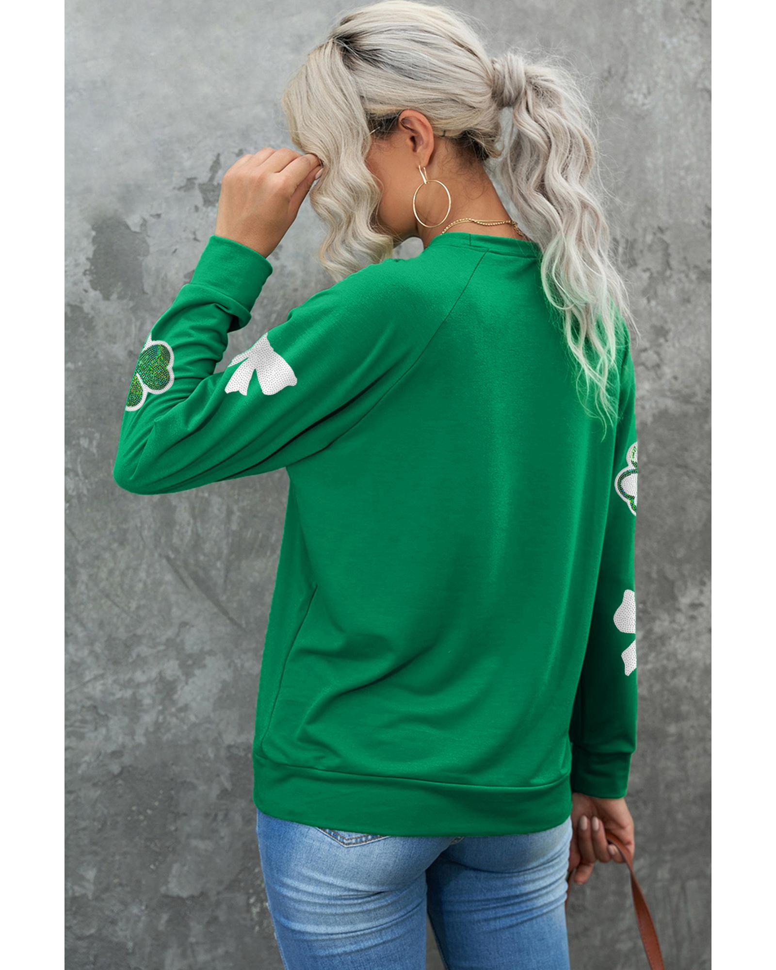 Green Sequin Bow Clover Graphic Pullover Sweatshirt - S 4