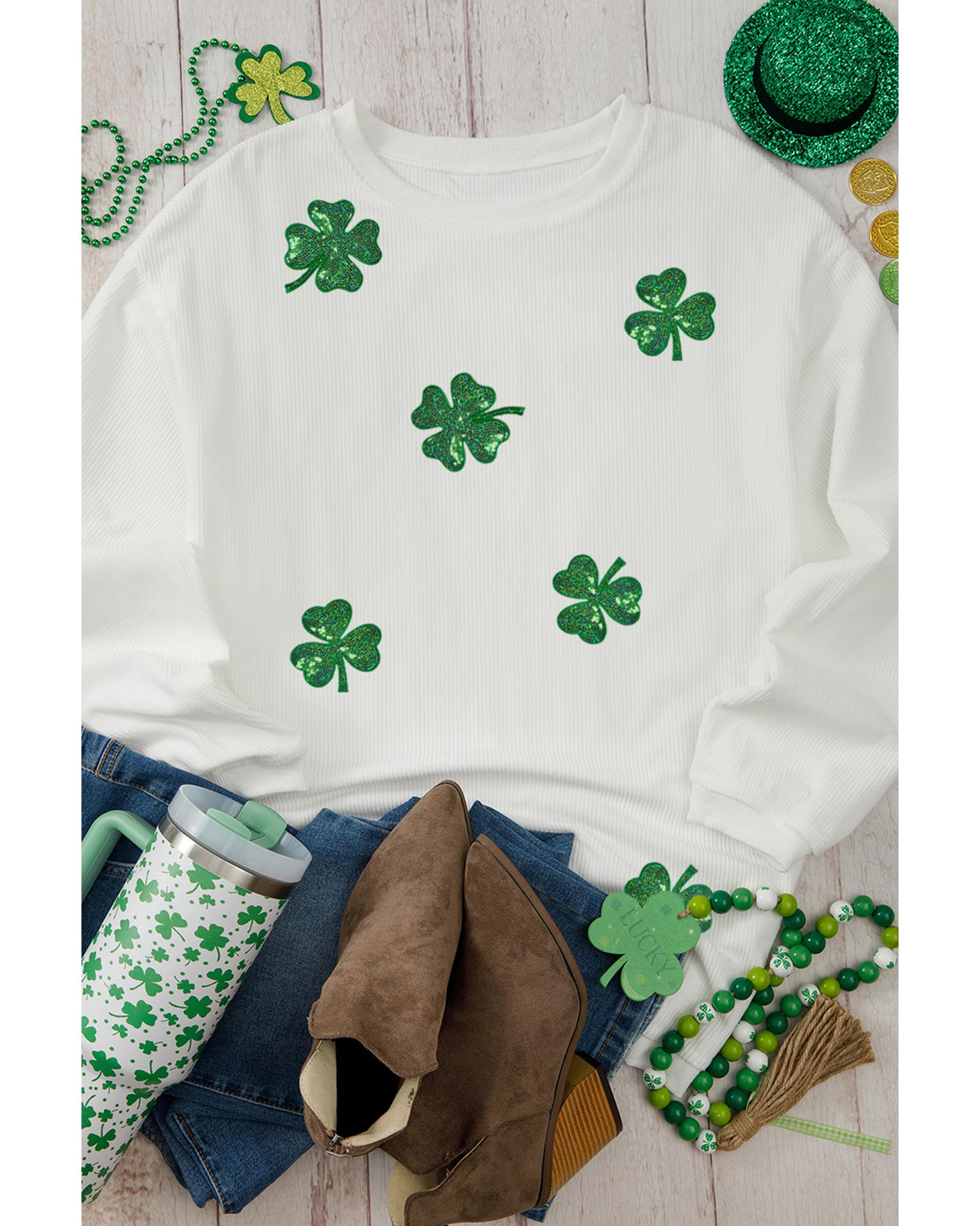 White Sequin Clover Patched Drop Shoulder Corded Sweatshirt - M