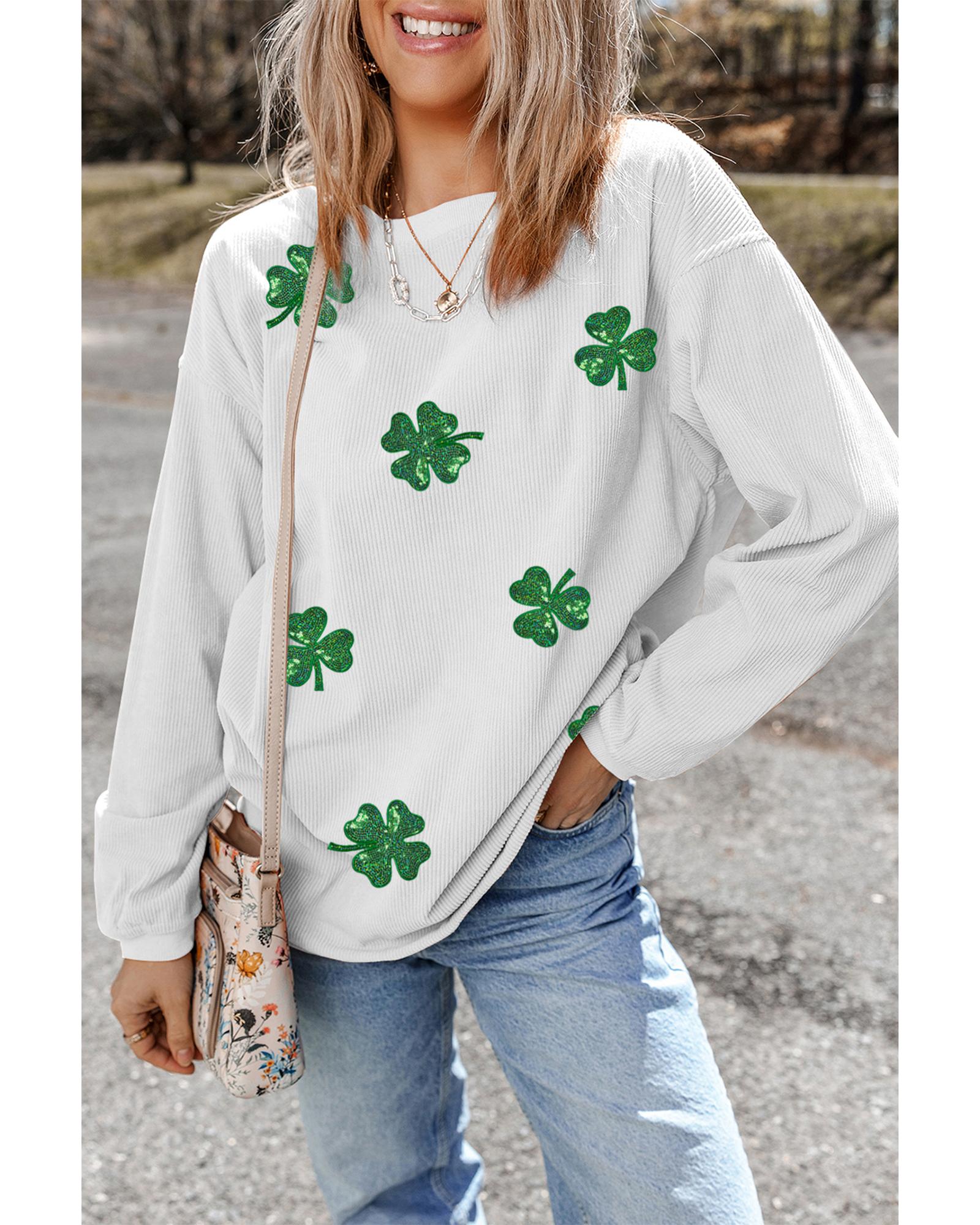 White Sequin Clover Patched Drop Shoulder Corded Sweatshirt - M 4