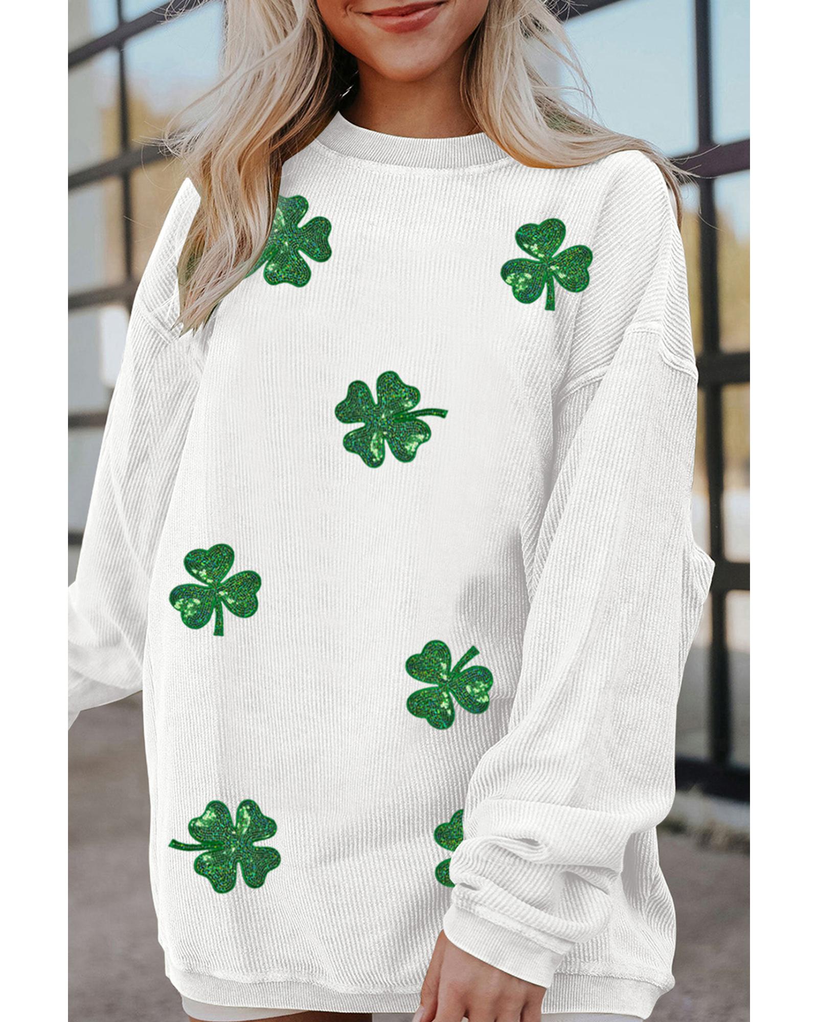 White Sequin Clover Patched Drop Shoulder Corded Sweatshirt - S 3